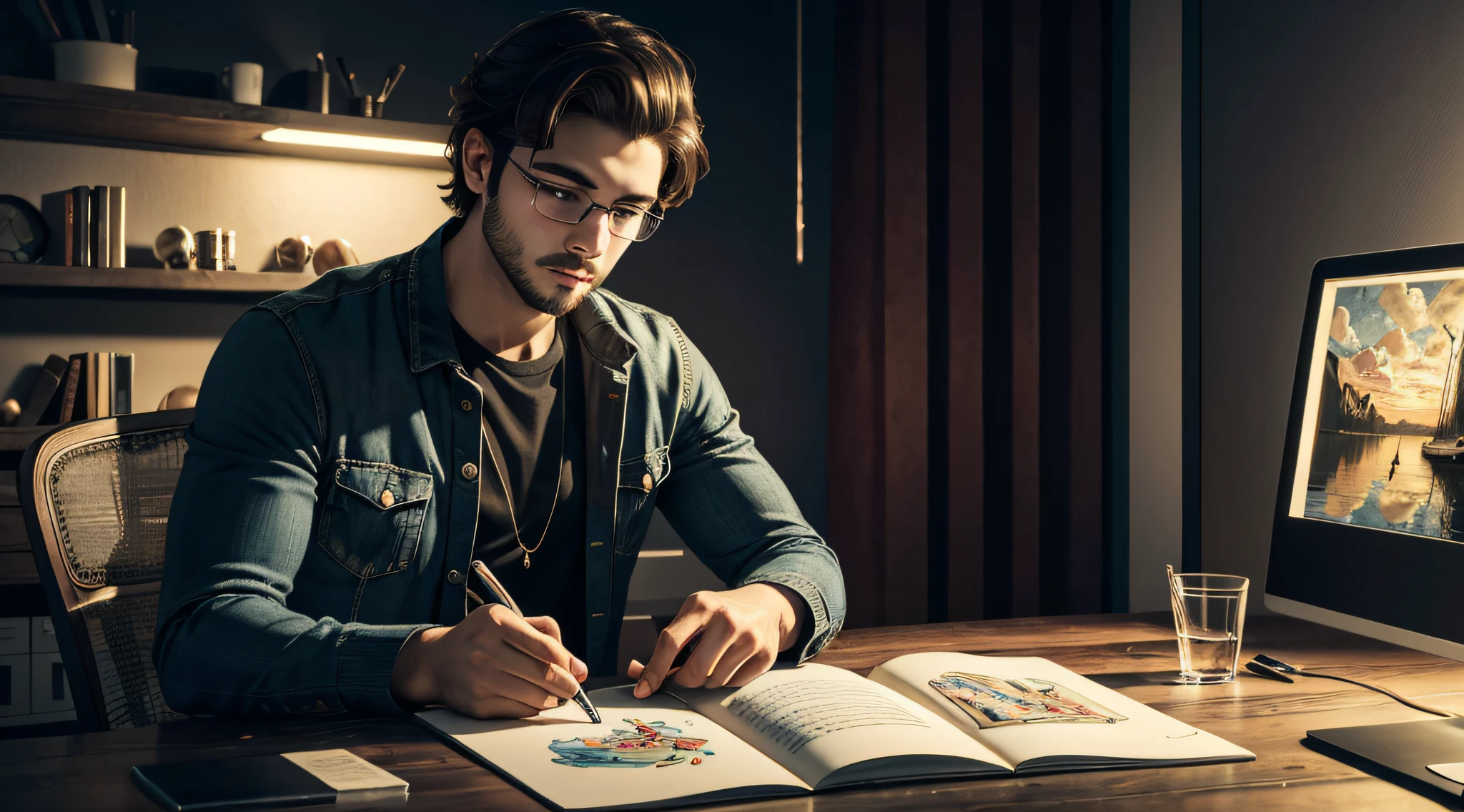 A YOUNG MAN CREATING GOALS, ((masterpiece)), ((best quality))), ((ultra-detailed)), UHD, 8K, ((high resolution))), ((illustration)), ((realistic)),