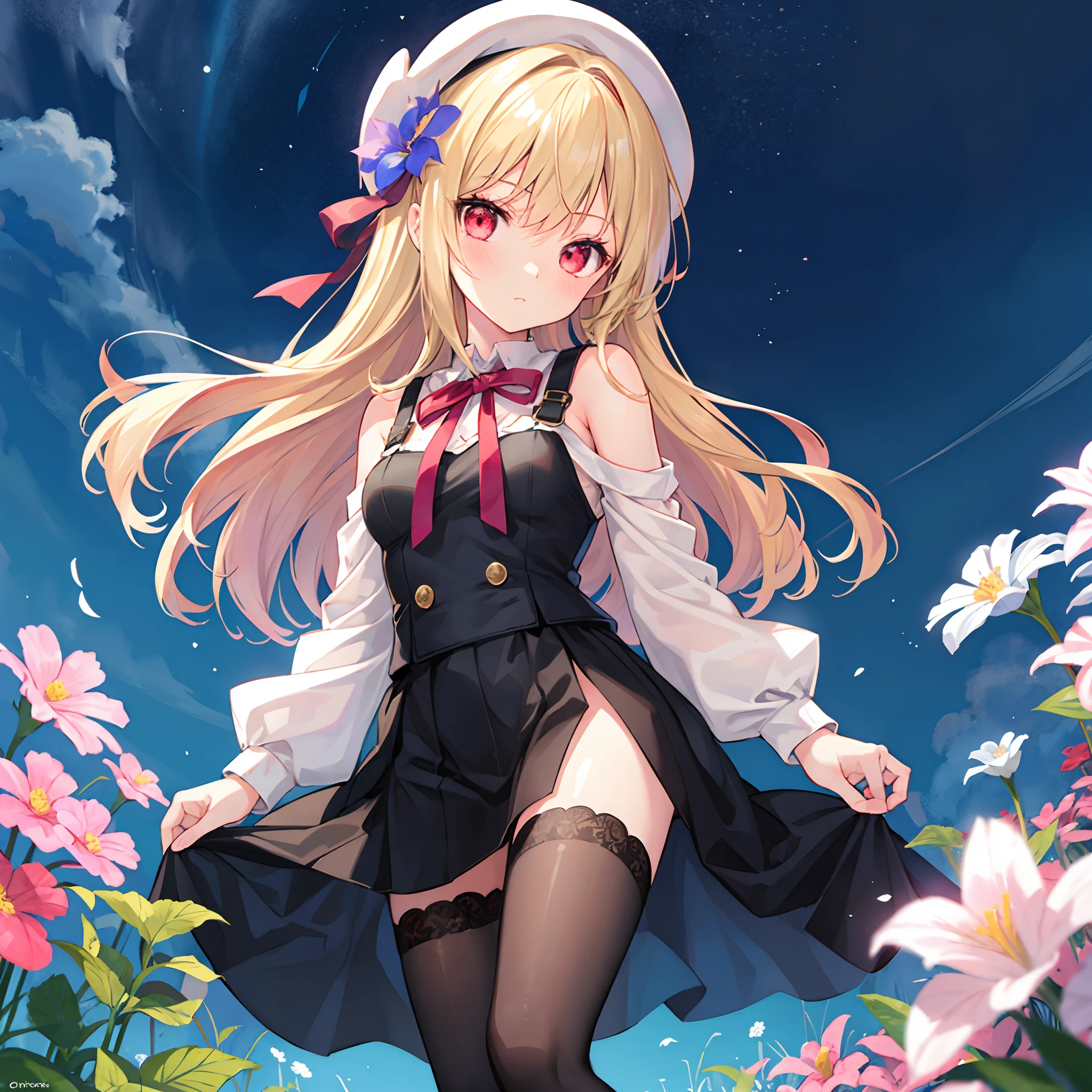 Girl with gray hair and red eyes、Blonde and red-eyed girl、Fluffy clothes、Black tights、Sunlight、flower field、