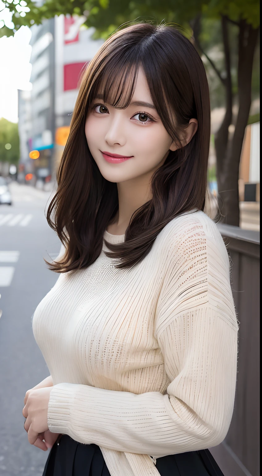 masutepiece, Best Quality, Illustration, Ultra-detailed, finely detail, hight resolution, 8K Wallpaper, Perfect dynamic composition, Beautiful detailed eyes, Elegant winter clothes,Medium Hair,Small breasts natural color lip, Bold sexy poses,Smile、20 years girl、Cute、Sexy shot looking at camera,natta,beautifull detailed face,Classy face,Perfect and beautiful face,Slim face and body,Spread your arms wide、Background blur