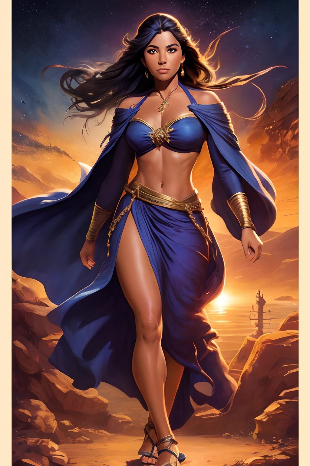 highly insanely detailed, masterpiece, top quality, best quality, highres, 4k, 8k, RAW photo, (1girl),solo,Thaca, black hair, blue eyes, curly hair,dark skin, pasties, gold, pelvic curtain, shawl, see-through,curly hair,
(wide hips),(large breasts),
watercolor,line art,
blurry background,
parted lips,
line art,
floating hair,
dynamic pose, sunset,outdoors arabian market, (random colors), (dynamic colors), full body, desert,barefoot,
magic particles,
dust particles,
(wind),
<lora:Thaca-v01:0.75>