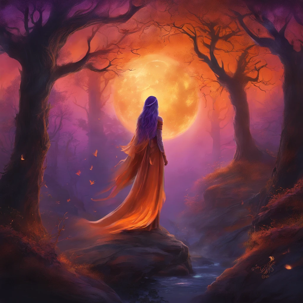 "(best quality, highres, ultra-detailed), The goddess casting mystical glowing spells in a haunted forest, orange and purple hues, portraits, vivid colors, extreme detail description, sharp focus, physically-based rendering, studio lighting, horror, witch, magical, eerie atmosphere, swirling fog, ethereal glow, ancient trees, twisted branches, moonlit sky, mysterious shadows, spellbinding, enchanting, hauntingly beautiful"