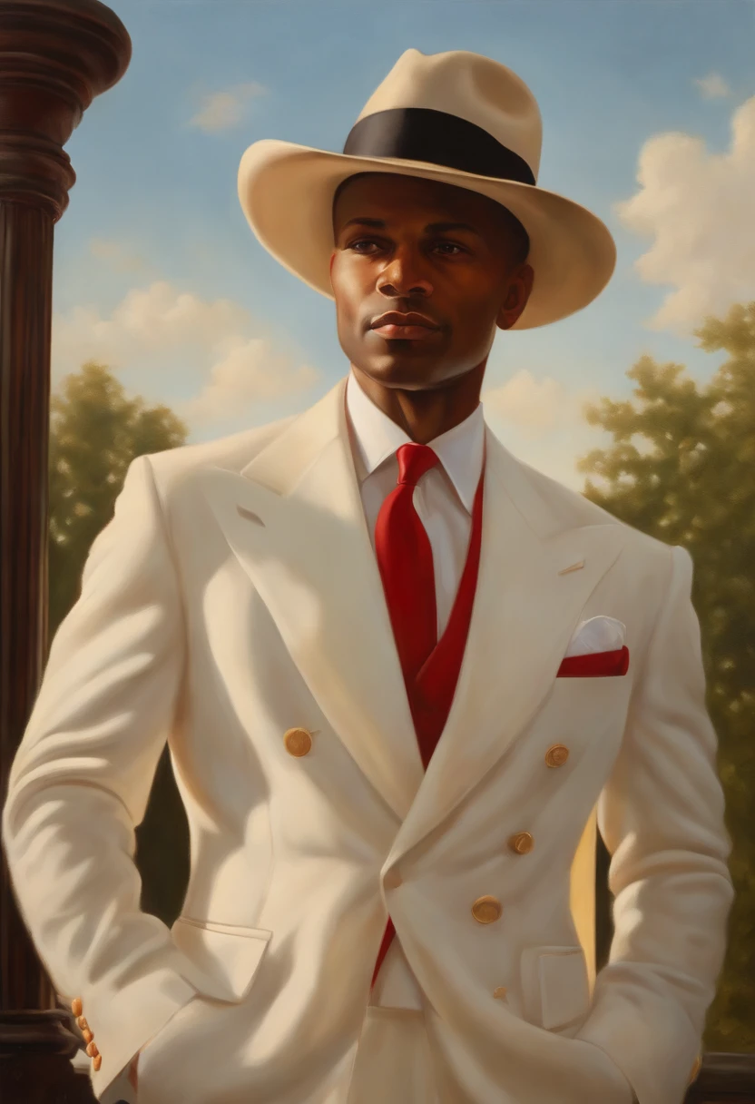 Painting of a man in a white suit and red tie next to a lamppost, um retrato do personagem, inspirado em Kadir Nelson, mario robinson. oil on the canvas, white suit and hat, inspirado em Thomas Blackshear, epic and elegant portrait, Arte de Pedro Bell, fantasy art smug smile man, inspirado em Art Frahm, Directed by: Kadir Nelson