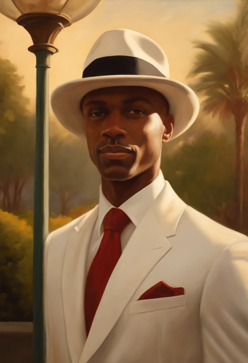 Painting of a man in a white suit and red tie next to a lamppost, um retrato do personagem, inspirado em Kadir Nelson, mario robinson. oil on the canvas, white suit and hat, inspirado em Thomas Blackshear, epic and elegant portrait, Arte de Pedro Bell, fantasy art smug smile man, inspirado em Art Frahm, Directed by: Kadir Nelson