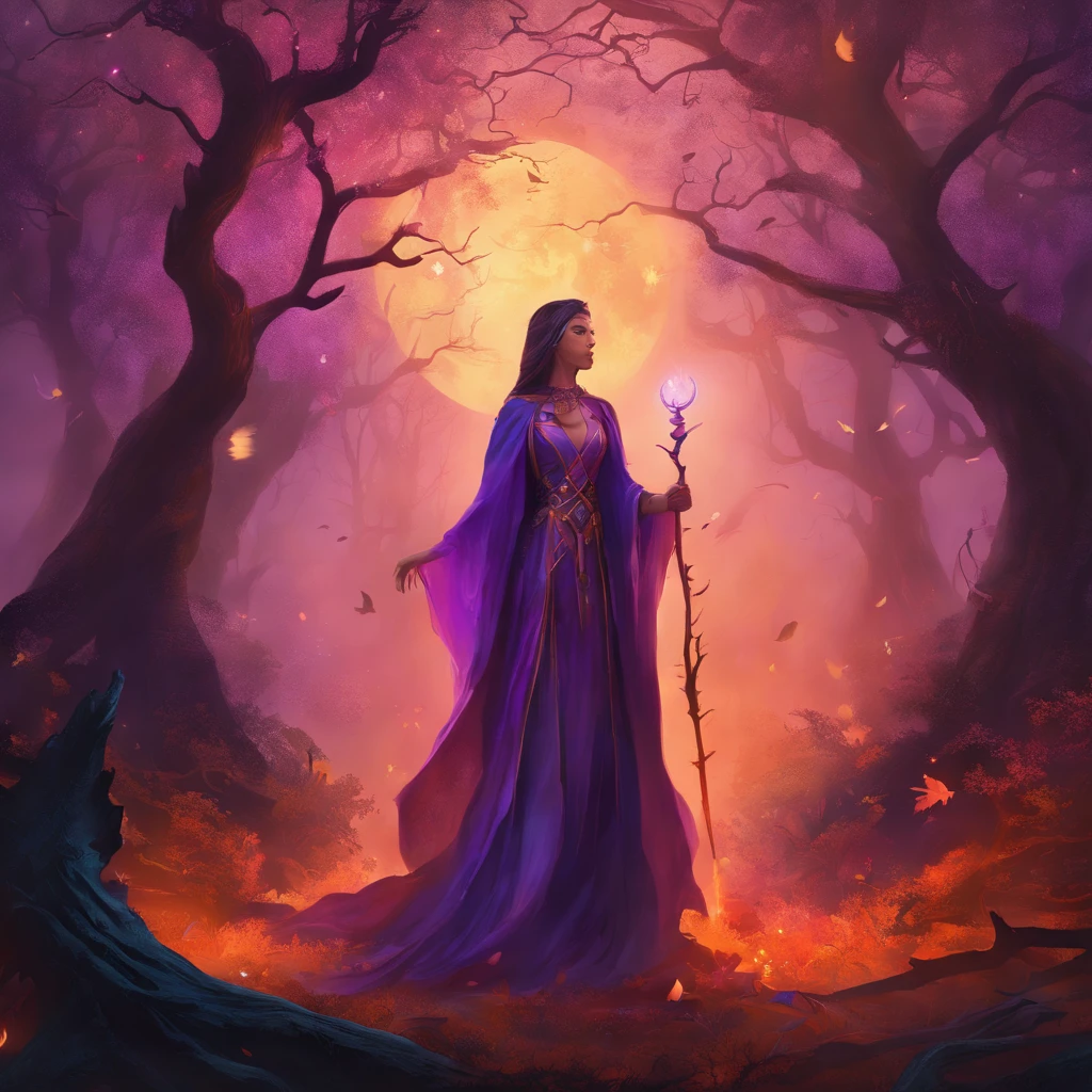 "(best quality, highres, ultra-detailed), The goddess casting mystical glowing spells in a haunted forest, orange and purple hues, portraits, vivid colors, extreme detail description, sharp focus, physically-based rendering, studio lighting, horror, witch, magical, eerie atmosphere, swirling fog, ethereal glow, ancient trees, twisted branches, moonlit sky, mysterious shadows, spellbinding, enchanting, hauntingly beautiful"
