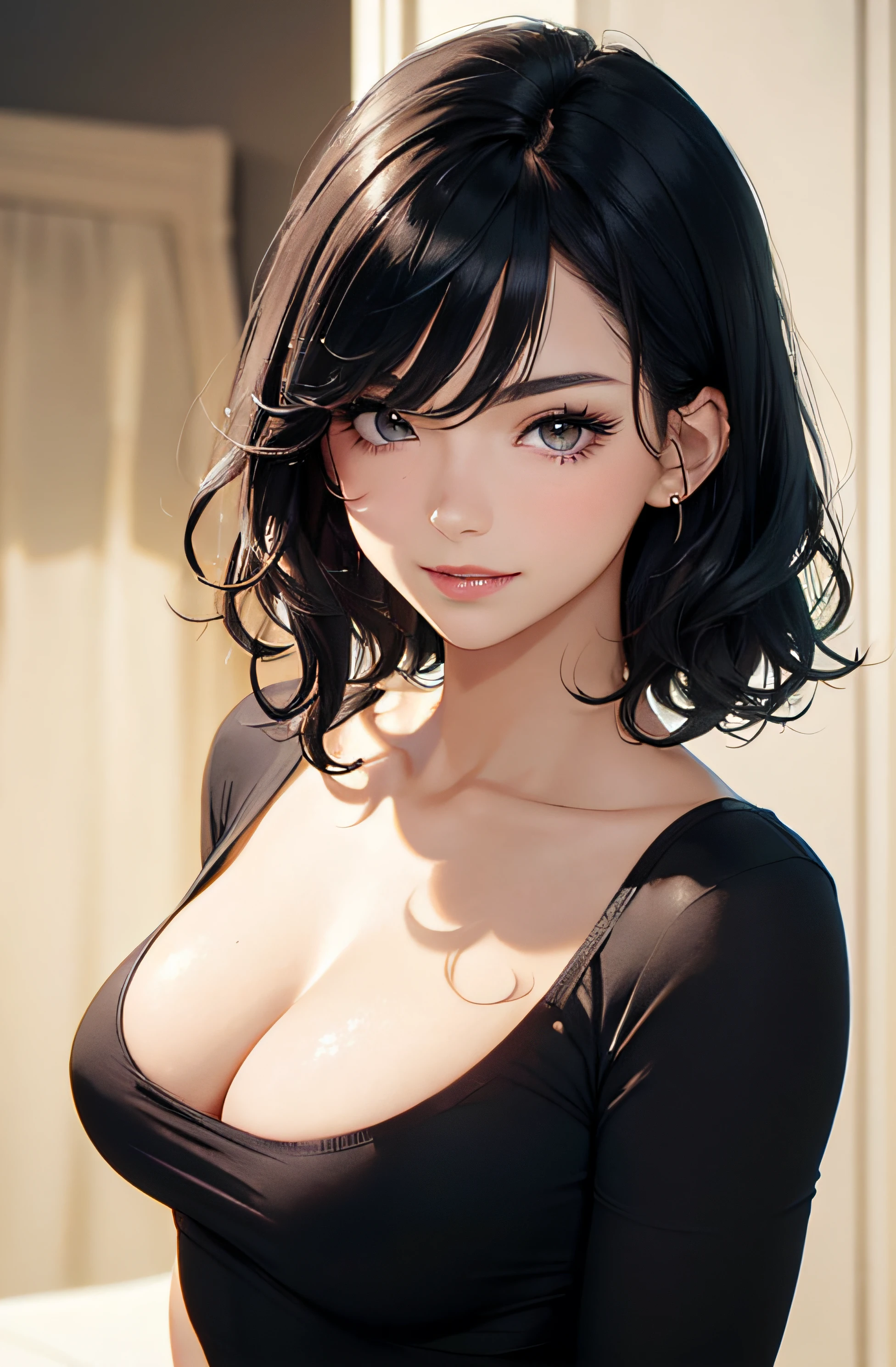 (A photo of upper body), Beautiful face, Highly detailed face and skin texture, (Detailed eyes), Brown eyes, Double eyelids, Thin eyebrows, Glitter eyeliner: 1.2, Natural cheeks, Shiny skin, Fair skin, (((with shirt))), (Shiny lips: 1. 4), (Seductive smile), (20 years old), (Wavy hair, Diagonal bangs), ((black and blue hair)), Short hair, ((Upper body shot)), ((Focus on chest and face)), Medium large breasts, Upturned breasts.