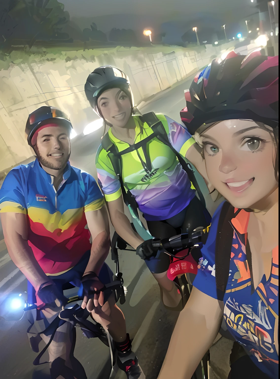 There are three people riding bicycles on a city street at night, ciclismo!!, Feliz!!!, Iluminado!, Andar na estrada, Noite!, noite!, imagem de perfil, hard lighting!, retrato!!, reluzente!!, not cropped, album photo, touring, retrato!!!, Viagem de bicicleta Hoffman, noite, we go, nigth, horseback riding, by Gina Pellón