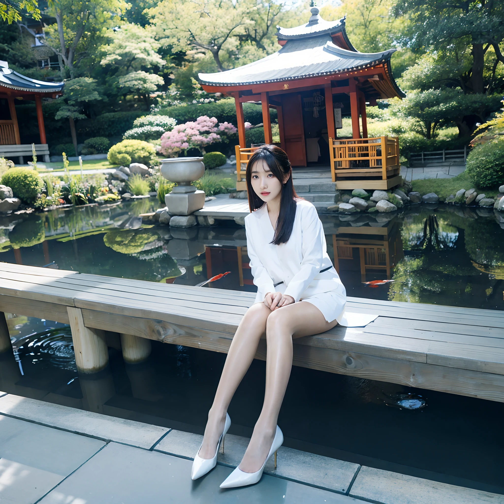 1girll, looking at viewert, water, pond, Lake, Shrine, Koi,Flesh-colored pantyhose,high-heels,two women