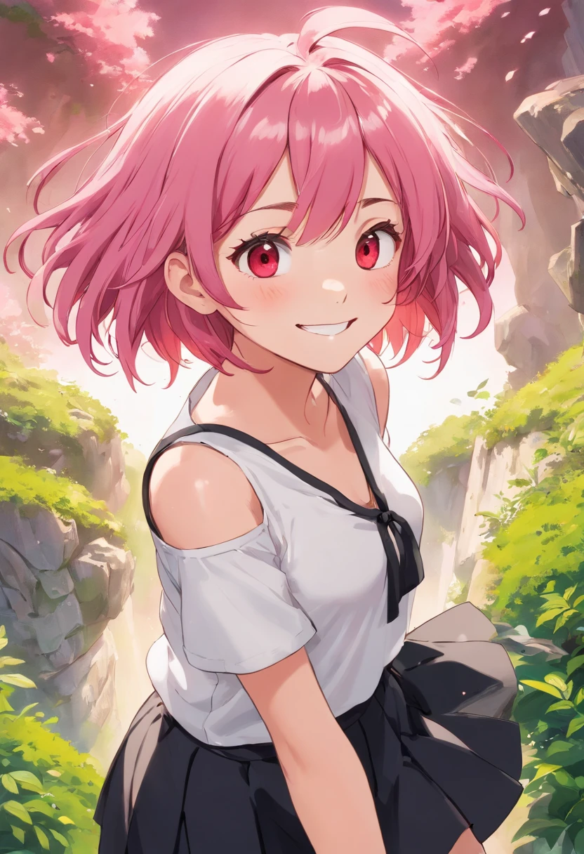 best quality, 1girl, sayori, portrait, solo, (light blush:0.5), (blush:0.2), short hair, pink hair, blue eyes, (small breasts:1.1), smile, (petite:0.5), , (loli:1.8), sh, (pink t-shirt:1.5), no bra, hair bow, red bow, (blue skirt:1.3), (nipple outline:0.9), (covered nipples:1.5), sunlight, sun beams, sitting on grass, sitting down, park, surrounded by flowers, (evening setting), sweet expression, (sfw:0.7), (ecchi:1.2), happy, (white panties:1.4), cameltoe