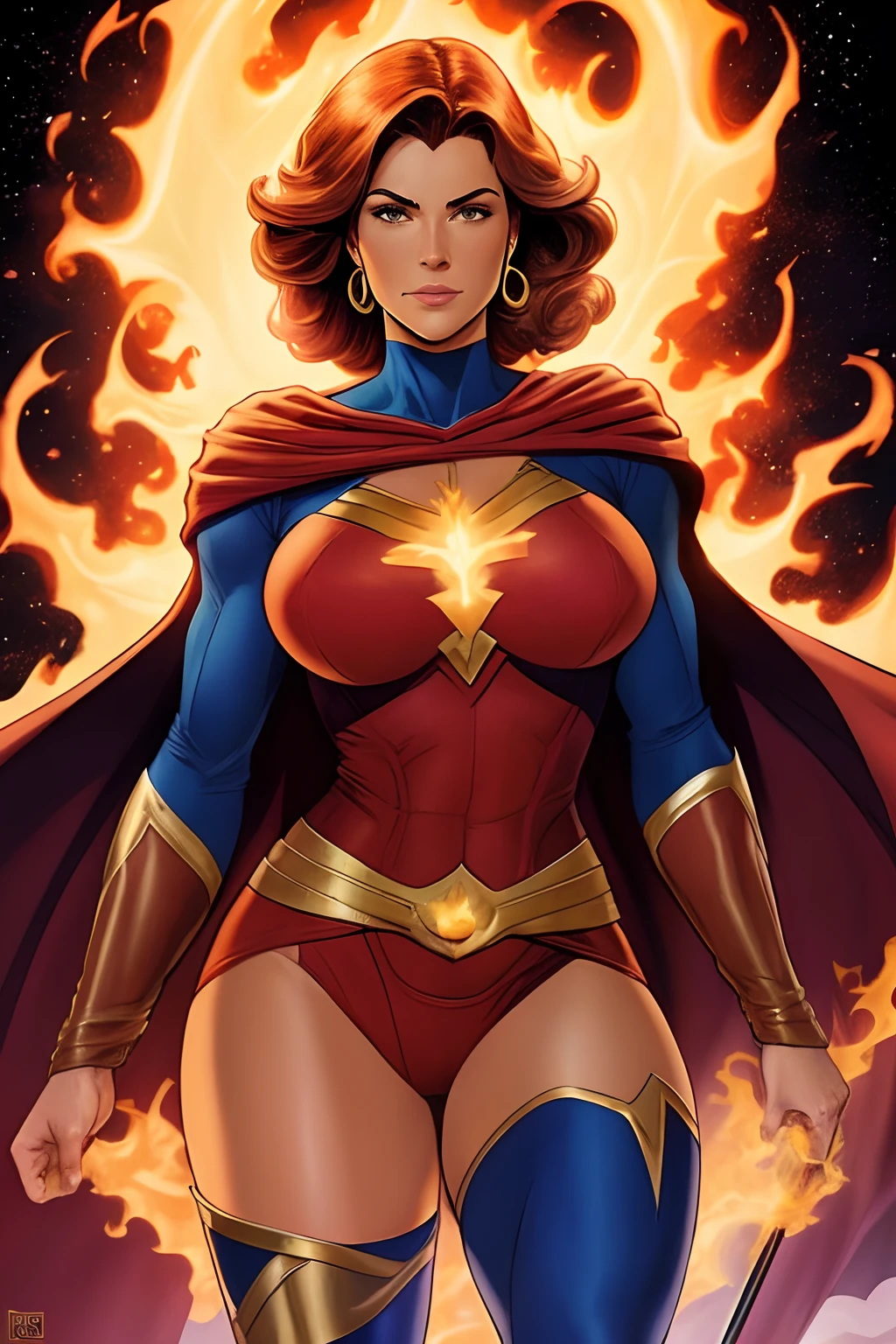 Inspired by John Buscema's line,1mulher de longos cabelos vermelhos jogados ao vento, olhos selvagens, middlebreasts, cintura delgada, Wearing a superheroine uniform with a flame symbol on her chest, Mighty floating in the sky, tranquila, Imposing Heroine, cena detalhada, corpo inteiro.