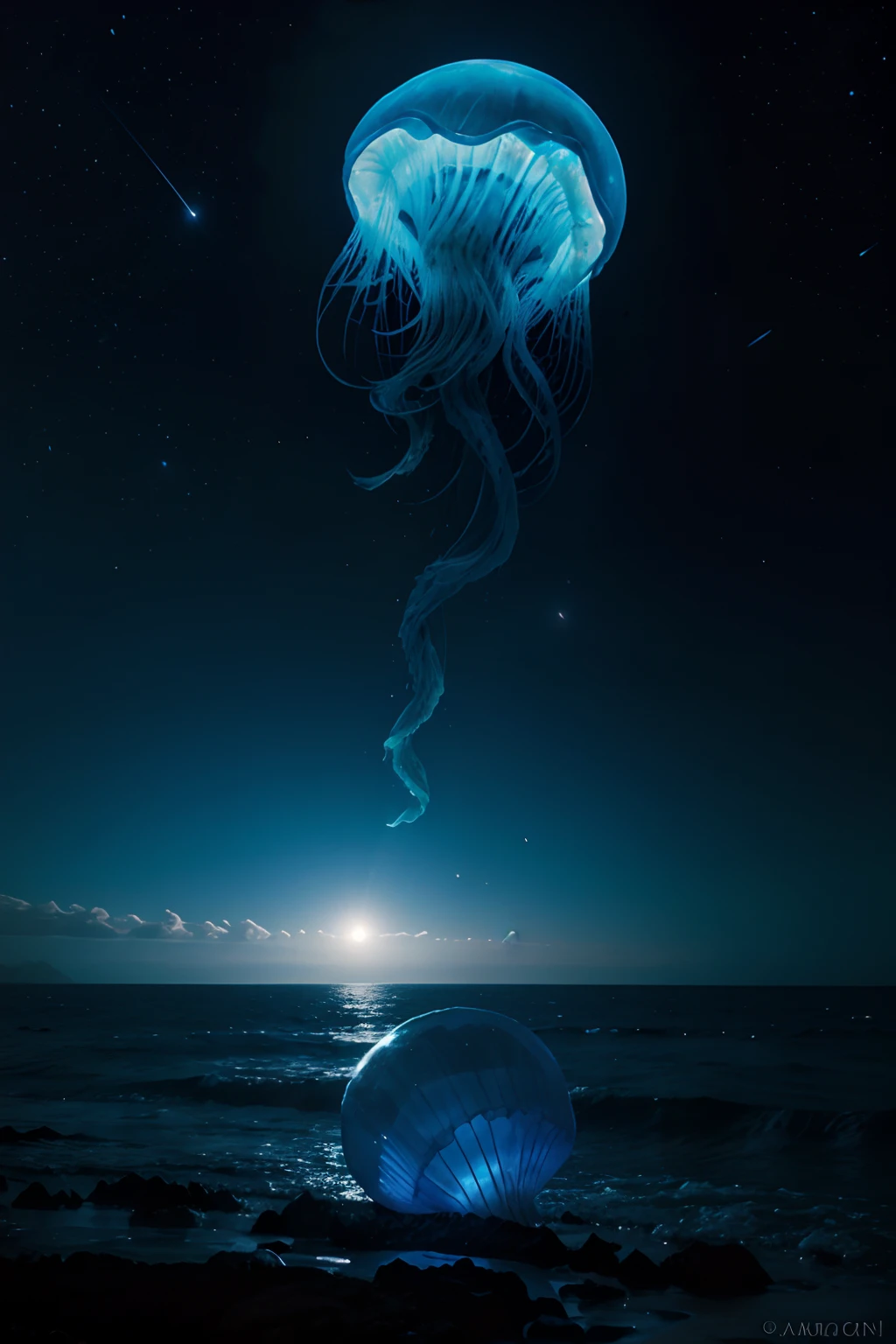 magestic perfection, fantasy photograph, (blue moon as a massive jellyfish), astronomical beautiful, moonlight shining, galaxies and asteroids in the background