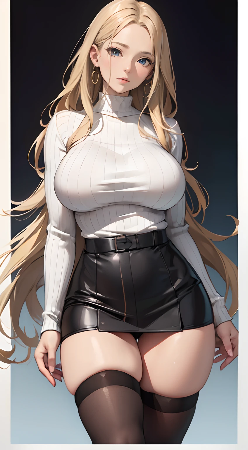 (Best quality,4K,8K,A high resolution,Masterpiece:1.2),Ultra-detailed,(Realistic,Photorealistic,photo-realistic:1.37),hdr,hyper HD,Studio lighting,Ultra-fine painting,Sharp focus,Physically-based rendering,Extreme detail description,professional,,Horror,anime big breast,Sci-fi,Photography,Concept artist,Five fingers,huge tit,Plump crotch,Extreme body curves,40-year-old mature woman,Dirt and long legs,Fitness model,long wavy blond hair, Liu Hai Zhongfen, The whites of the eyes and pupils are clearly colored, Green eyes, 170cm tall, Fair skin,Exudes a confident expression,Wear a crimson sweater, Black hip skirt, Black stockings, full bodyesbian,Off-white gradient background,Cospaly Promotion,All roles,Shot with Canon 5D MK4,Cospali photo.