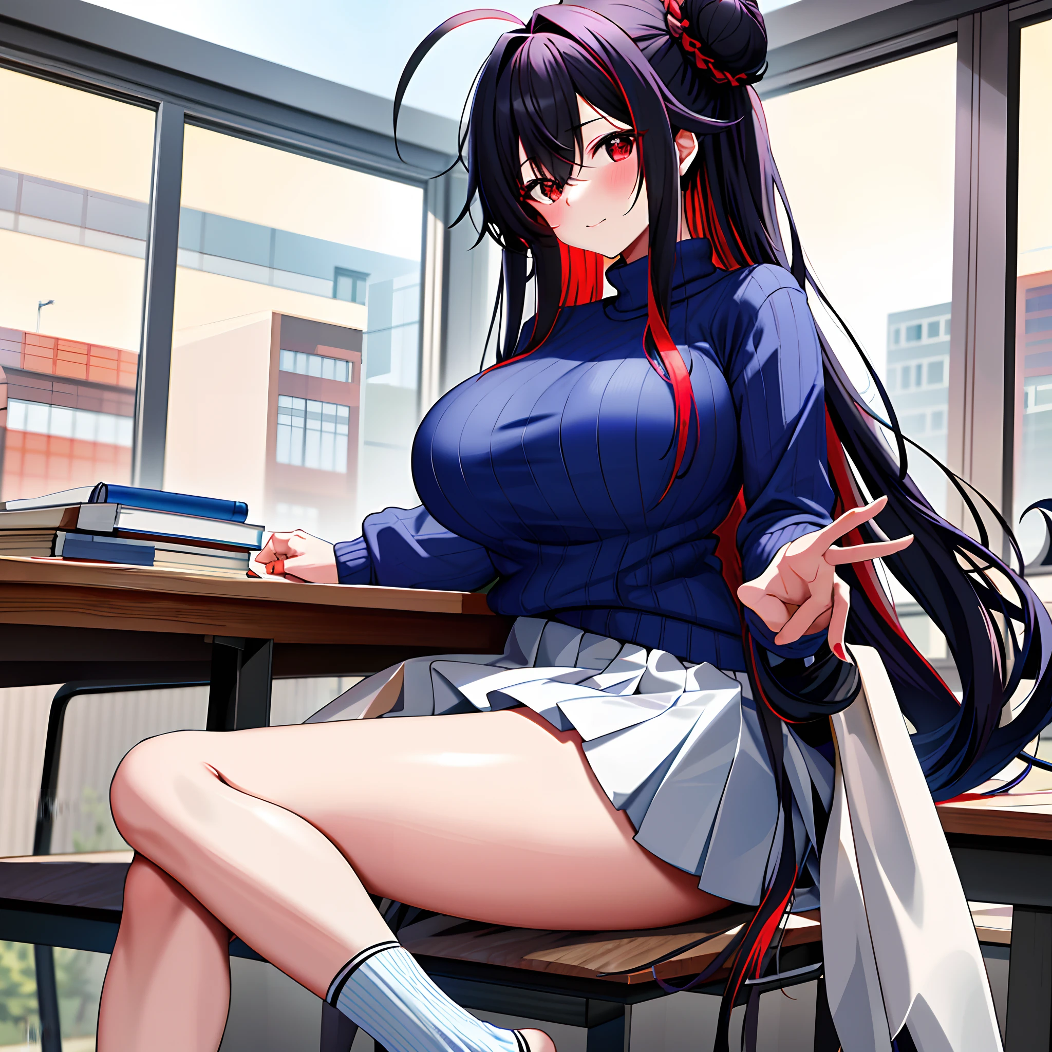 masterpiece, best quality, highres, best quality, highres,, 1girl, long hair, blue sweater, black hair, red fade, long bangs, 2 buns, ahoge, red eyes, large breasts, skirt, very long hair, breasts, huge ahoge, white socks, in class, sitting on table, no shoes, blush,