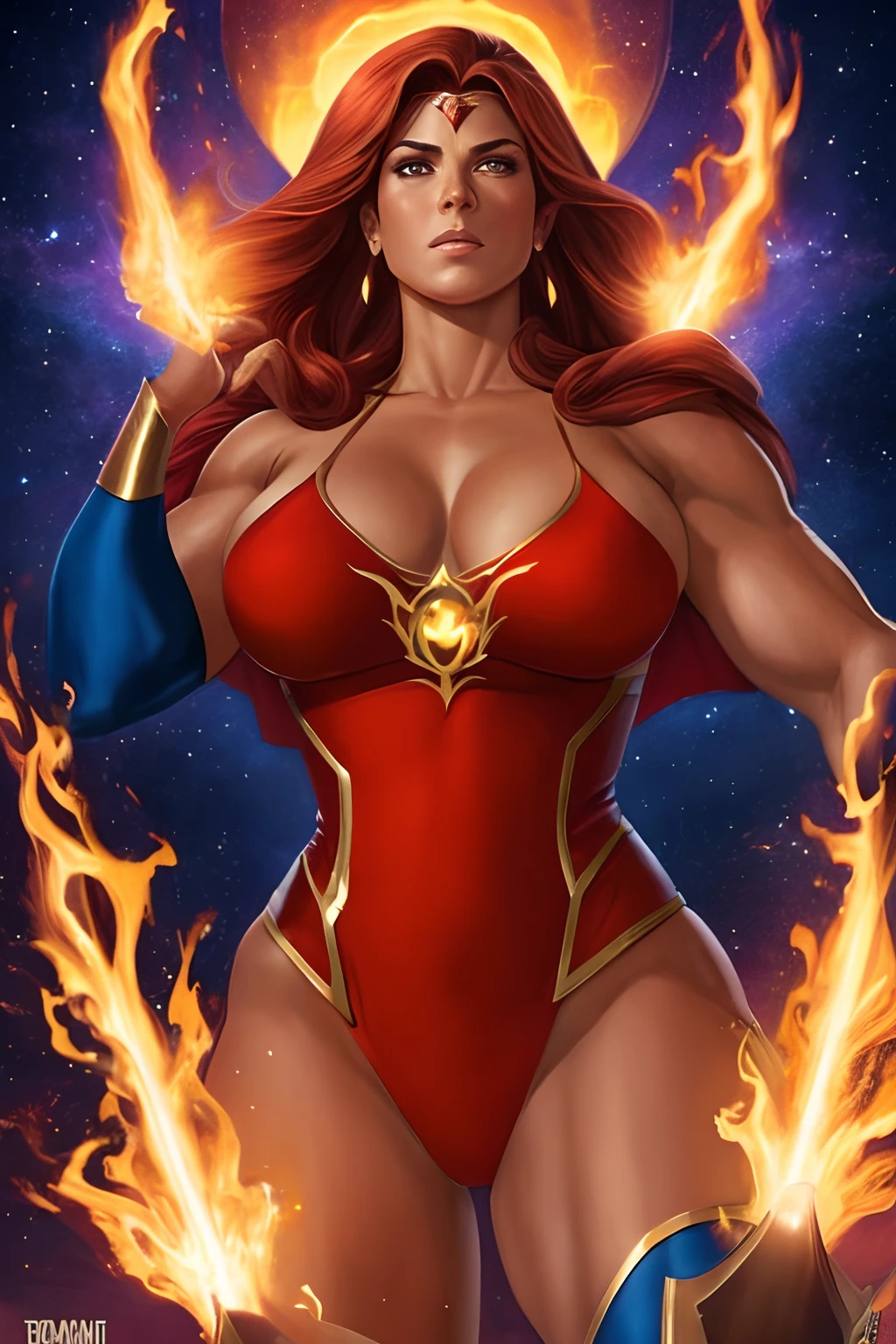 Inspired by John Buscema's line,1mulher de longos cabelos vermelhos jogados ao vento, olhos selvagens, middlebreasts, cintura delgada, Wearing a superheroine uniform with a flame symbol on her chest, Mighty floating in the sky, tranquila, Imposing Heroine, cena detalhada, corpo inteiro.