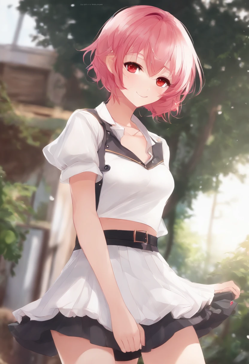Anime girl smiling, pink hair, messy hair, short hair, red eyes, cute face, girlfriend look, white top, black short skirt, sensual pose, short stature