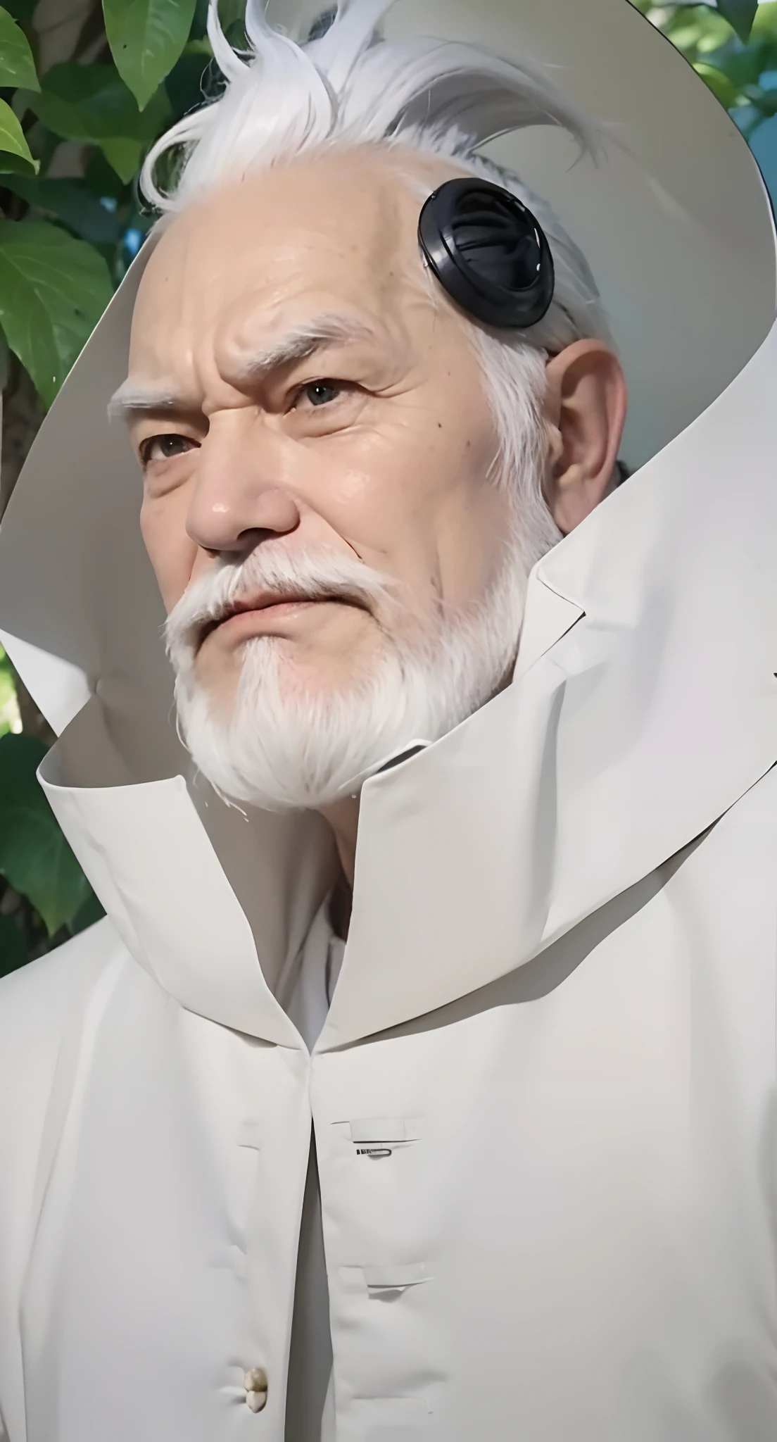 Real life adaption of this character,old man face, angry expression,realistic same hair,(realistic same outfit), realistic background, hyper realistic, realistic light, realistic shadow, realism,(photorealistic:1.2), looking to viewer, Realistic white mustache and beard,same accecories in the head