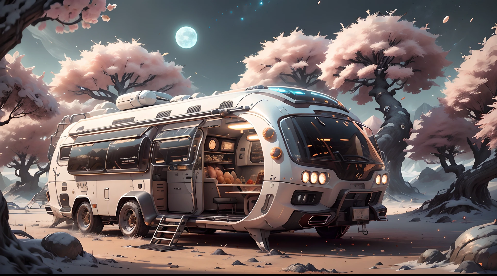 A futuristic luxury(LunarPunkAI:Campervan),Colorful LED lights,Smooth curves,(streamlined line design)。cozily, camping, Reflection,(Surrounded by nature),(Peach blossom tree),(lush landscape)。concept-art, best qualtiy，tmasterpiece，超高分辨率，photograph realistic：1.4， ultra-detailliert，