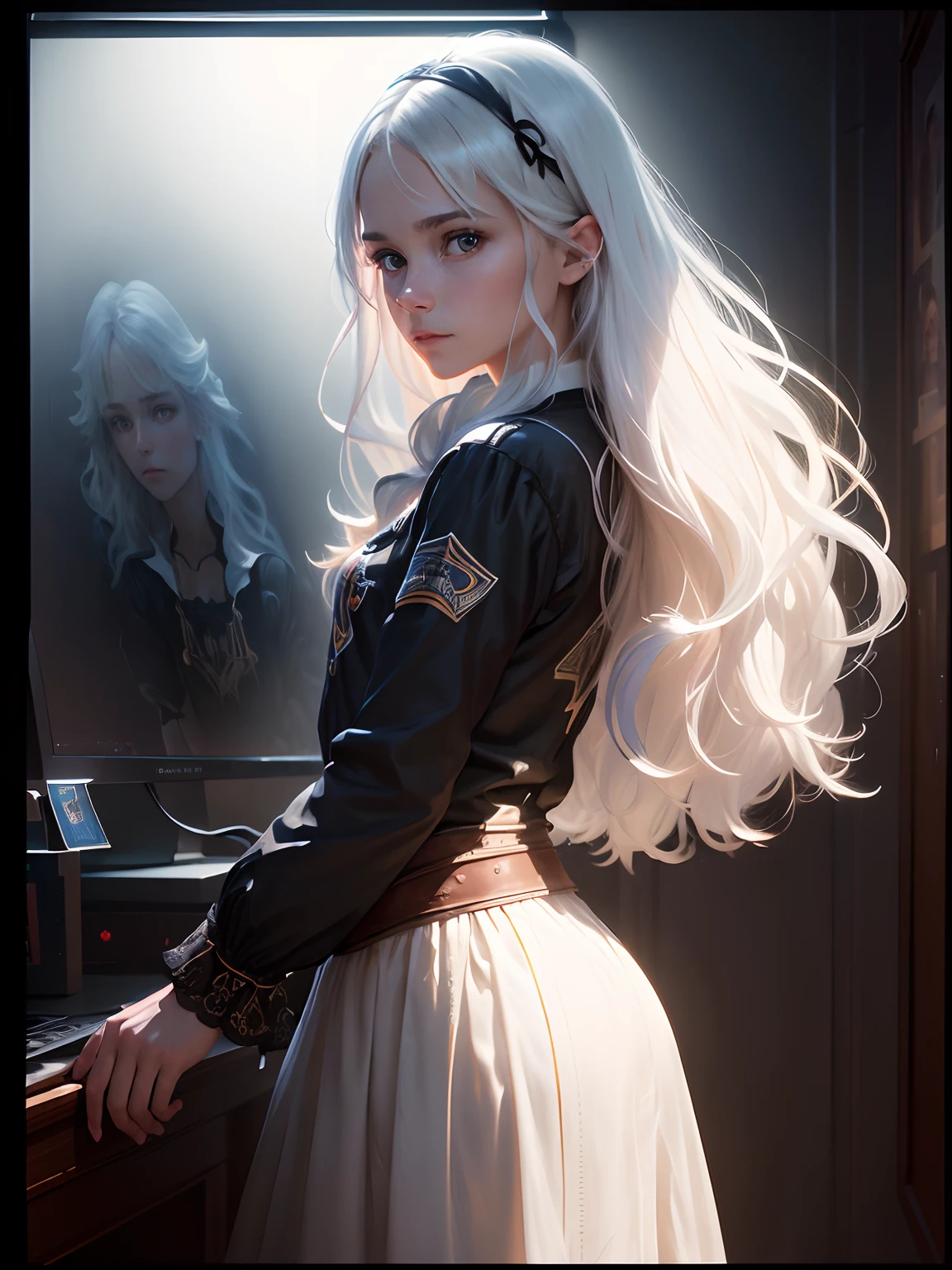 (Front Focus),(In the Dark:1.6), Hyperrealist portrait of female by david hockney and alphonse mucha,Fantasy Art, photographrealistic, Dynamic lighting, art stations, poster for, Volumetric lighting, extra detailed face, 4 k, awardwinning,, 1girl in, In the Dark, deepshadow, lowkey,Cowboy Shot,(official clothing:1.4) ,Long hair,White hair,