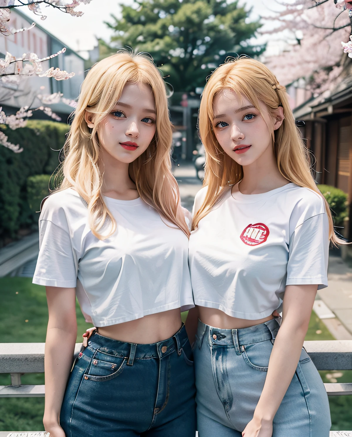 2girl, (Twins), Blue eyes, (smiling), (Sana Minatozaki), wide hips, Big Boobs, big ass, (Best Quality, 8k, Masterpiece: 1.3), perfect hands, Clear Focus: 1.2, Perfect Body Beauty: 1.4 , Slender Abs: 1.2, Highly detailed face and skin texture, detailed eyes, double eyelids, red lips, (blonde long hair), white t-shirt, jeans, standing, (with his twin sister :1.4), in a Tokyo neighborhood, sakura trees in the background, deep on field