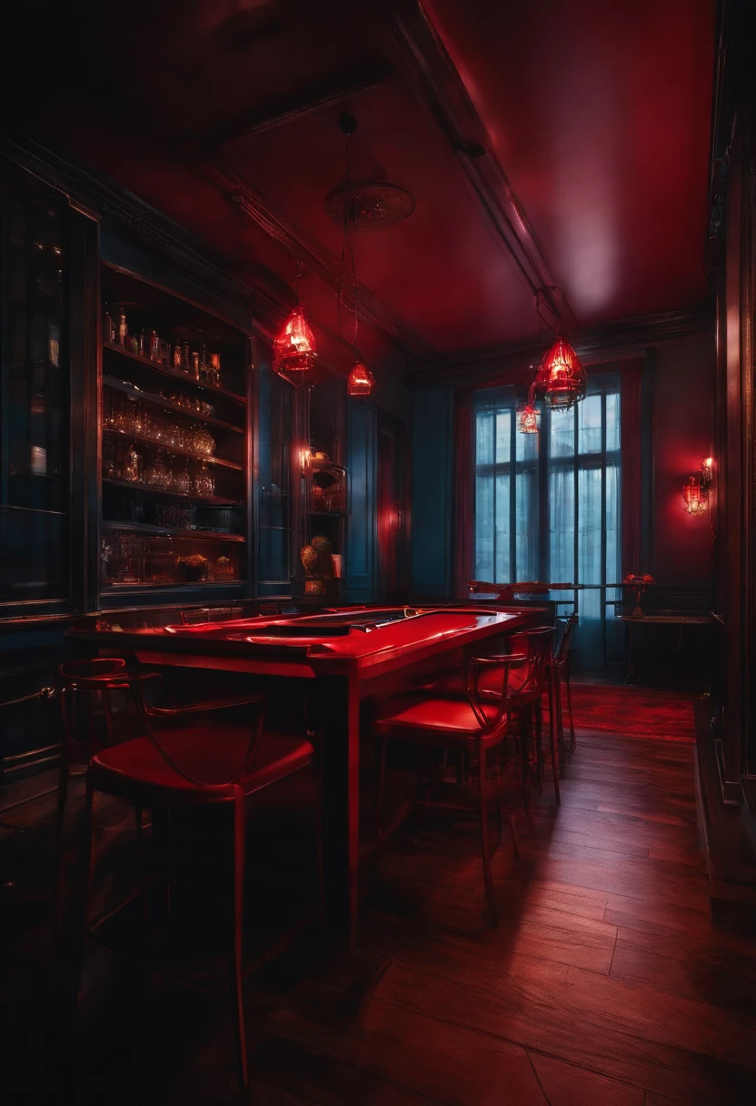 Burdel vacio estilo anime con un tubo metalico en medio del lugar oscuro y con luces rojas, con mesas en el lugar