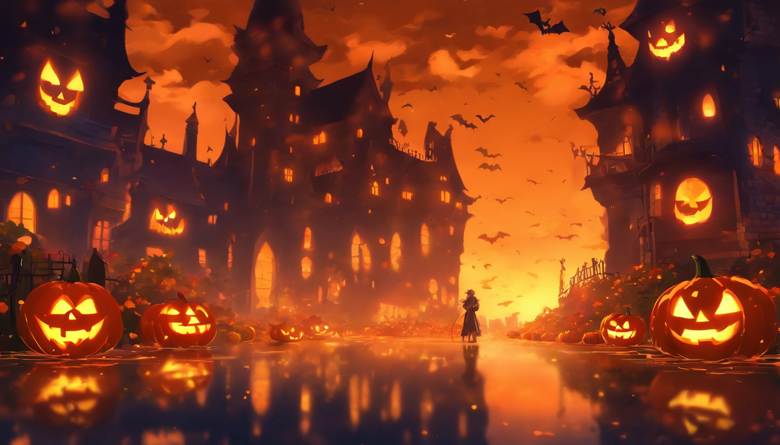 Halloween Floating Lights, Cinematographic light and reflection, glowing lights, Intermediate elements of the metaverse,digital painting, reflets brillants, Reflect, Halloween Jack-o'-lantern, Nuit calme, digital illustration, Belle ambiance, Skylights at night, Quiet atmosphere in the evening, Jack-o'-lantern, Halloween, La nuit, Thémon, The game scene, Halloween, Surrounded by clouds, Buildings in medieval Europe, Enamelled tiles, UE, Des couleurs magnifiqUEs, Il y a trois arches au premier plan((encre de couleur)), ( (Splash the ink ) ), ((Splash the ink) Inky})), tmasterpiece, High career, De beaux graphismes, high details,magnifiqUE