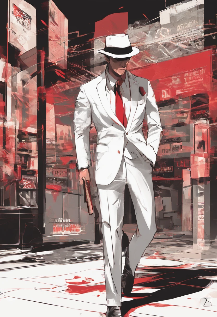 There's a man in a white suit and red tie walking, white suit and hat, Imagem absolutamente excepcional, , divindade elegante, Fanart, terno branco, vestindo terno branco, he is dancing, stylized digital illustration, design de personagens do mundo do filme noir, personagem do cartaz do filme, foto do perfil, foto de perfil, a suited man in a hat, classic vibes