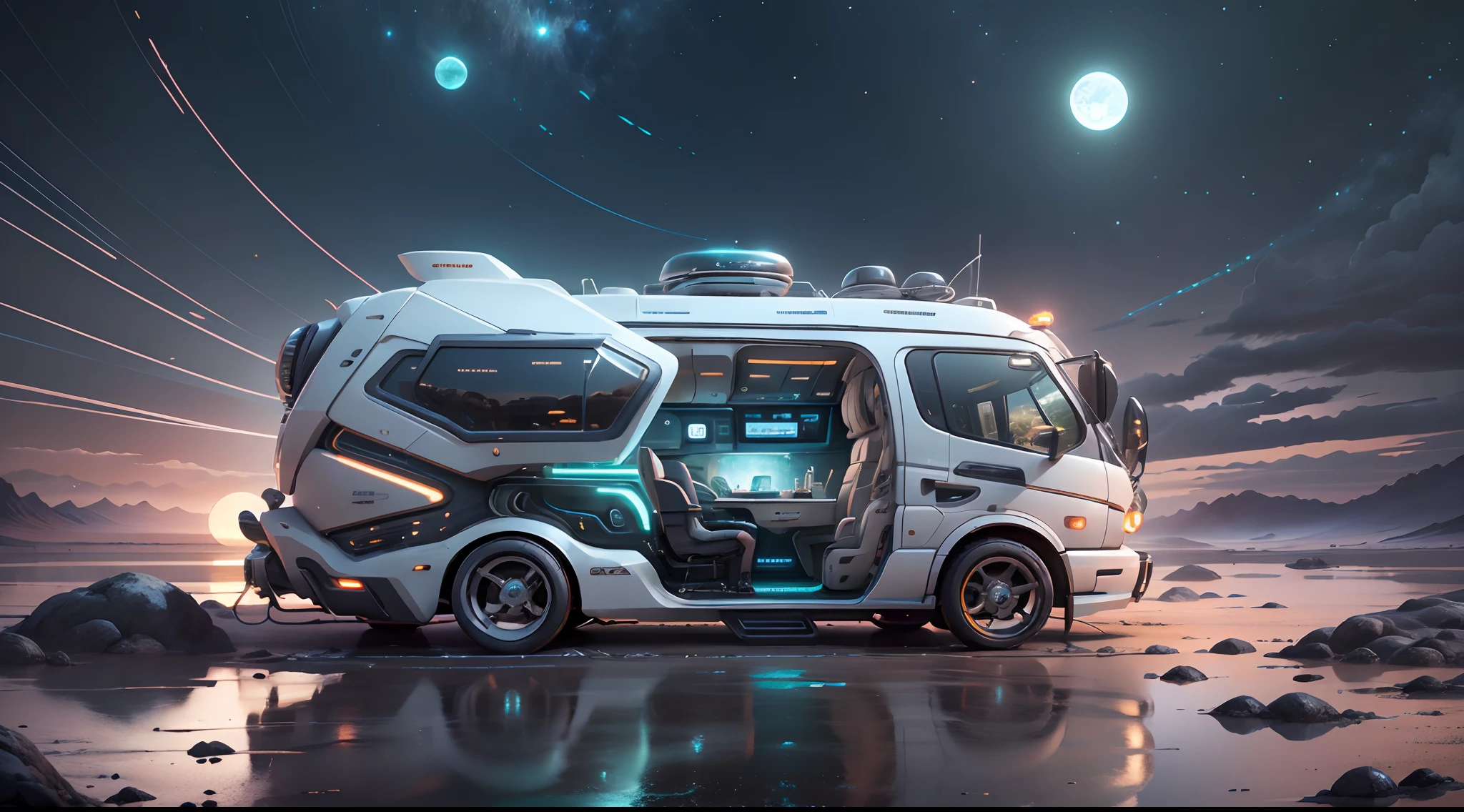 A futuristic(LunarPunkAI:Campervan),Colorful LED lights,Smooth curves,(streamlined line design)。cozily, camping, Reflection,(Surrounded by nature),(Peach blossom tree),(lush landscape)。concept-art, best qualtiy，tmasterpiece，超高分辨率，photograph realistic：1.4， ultra-detailliert，