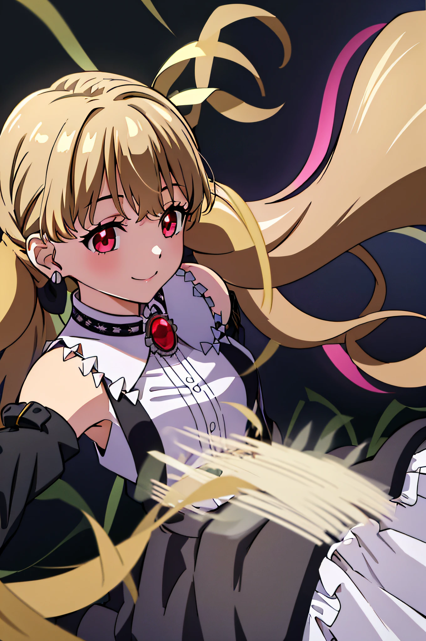 AATOTO, LONG HAIR, LOW TWINTAILS, HAIR RIBBON, BLACK RIBBON, EARRINGS, BROOCH, BARE SHOULDERS, FRILLS, WHITE SHIRT, DETACHED SLEEVES, SUSPENDERS, BLACK SKIRT, 1girl, solo, upper body, facing viewer, looking at viewer, smile.