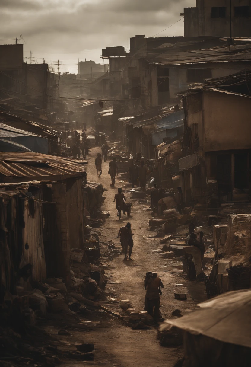 photorealistic photograph of a black couple sadly contemplating the landscape of a destroyed favela in Brazil. large flames of fire and smoke filling the air, olhos negros, longos cabelos pretos e tatuagens cyberpunk. tempo chuvoso, atmosfera sombria. CANON EOS R7,Lento 70-200mm F/5.8 G Perguntas frequentes, definido como uma abertura de f/22, velocidade do obturador 1/Anos 400,ISO 400 Certification.Continuous focus mode, Image stabilization enabled, auto white balance. Mode of measurement used in various segments, exposure compensation 0, sem flash. The angle was full-body, with the composition following the rule of thirds and blurred background. The depth of field was shallow and no tripod was used. Cru.