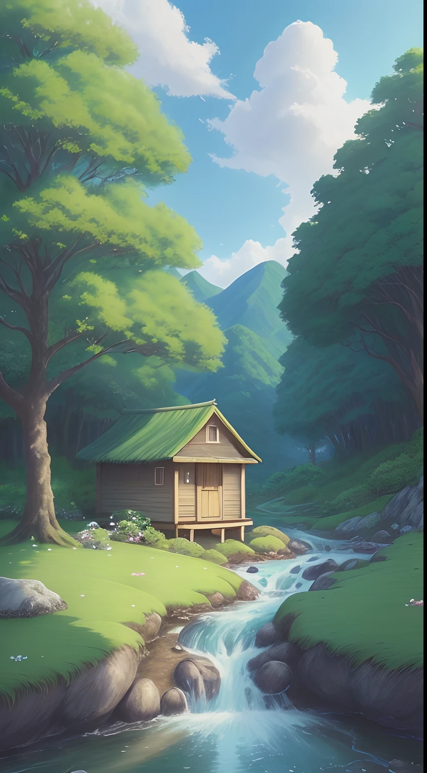 Draw a small hut with a stream flowing in a green valley, anime country landscapes, Detailed landscape - width 672, Anime landscapes, studio ghibli landscape, anime landscape wallpapers, made of tree and fantasy valley, beautiful anime landscape, detailed painting 4 k, Blue sky, large white clouds, Exposure to sunlight