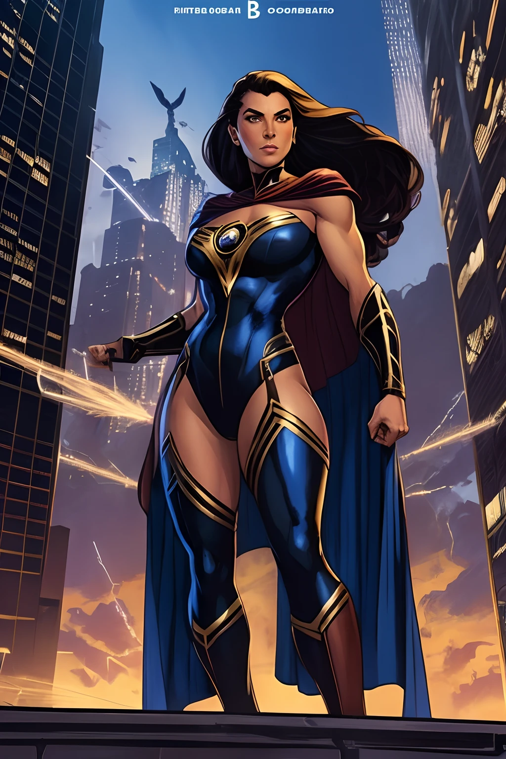 Inspired by John Buscema's line,1mulher de longos cabelos negros jogados ao vento, olhos selvagens, middlebreasts, cintura delgada, Wearing a superheroine uniform with a spider symbol on her chest, Standing on top of a building watching the city, Imposing Heroine, cena detalhada, corpo inteiro.