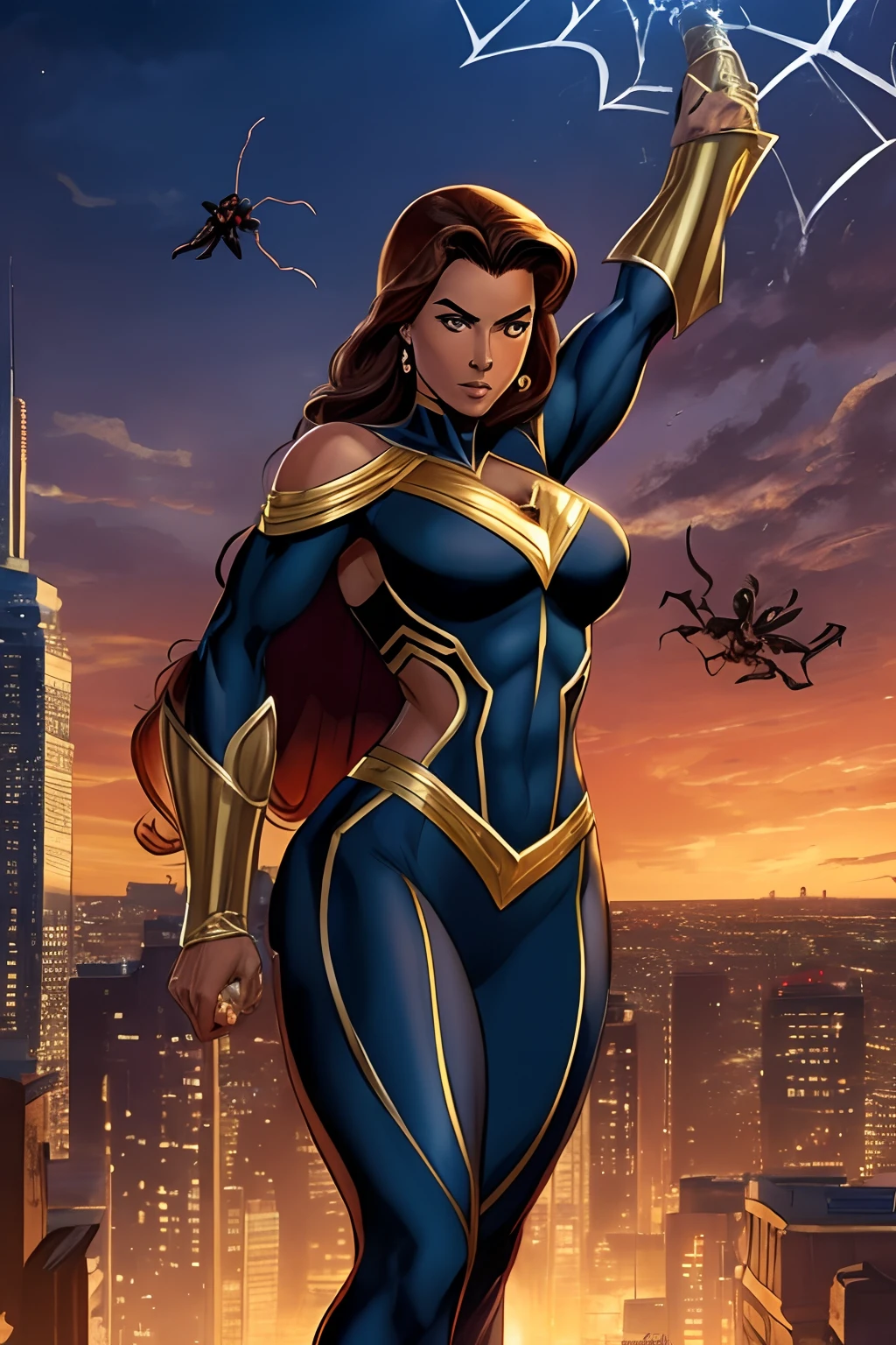 Inspired by John Buscema's line,1mulher de longos cabelos negros jogados ao vento, olhos selvagens, middlebreasts, cintura delgada, Wearing a superheroine uniform with a spider symbol on her chest, Standing on top of a building watching the city, Imposing Heroine, cena detalhada, corpo inteiro.