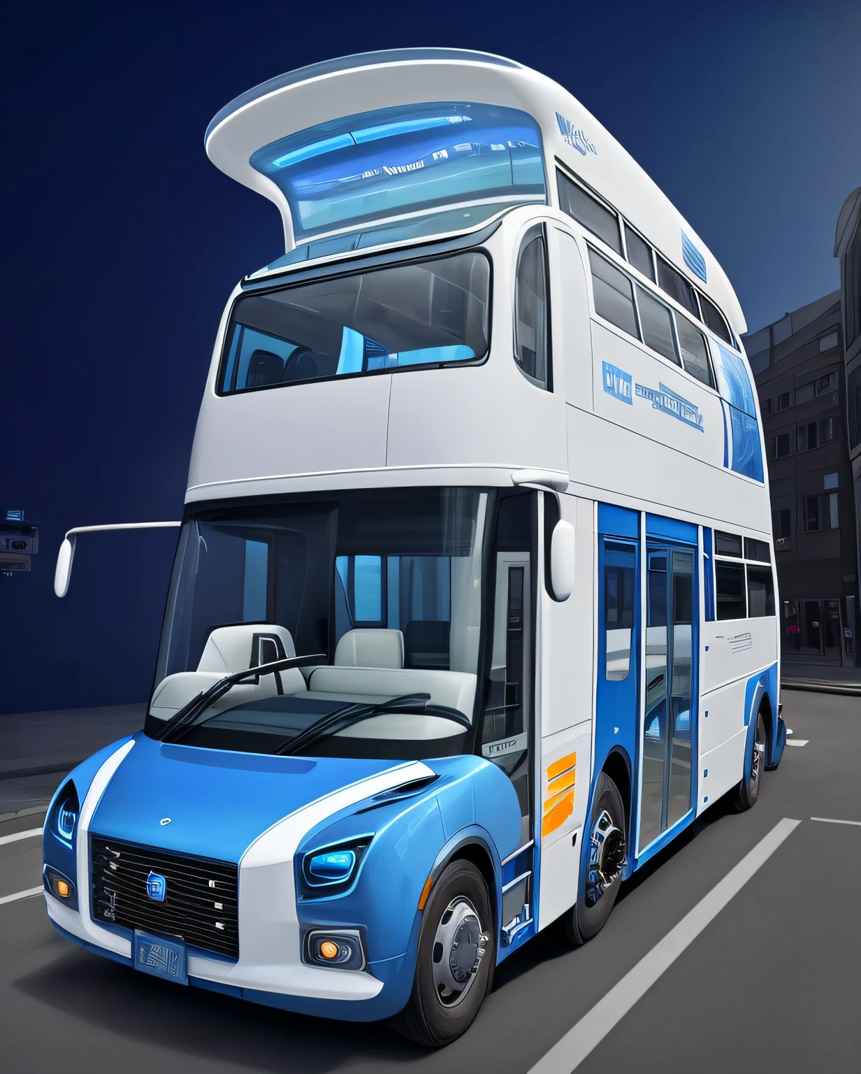 Close-up of a white and blue bus parked on the street, wide angle exterior 2022, 2 0 2 2, 2022, Front perspective, Very futuristic, 3/4 Front view, 2023, 2 0 2 3, Majestic and futuristic, 3/4 view from below, Vehicle design trends