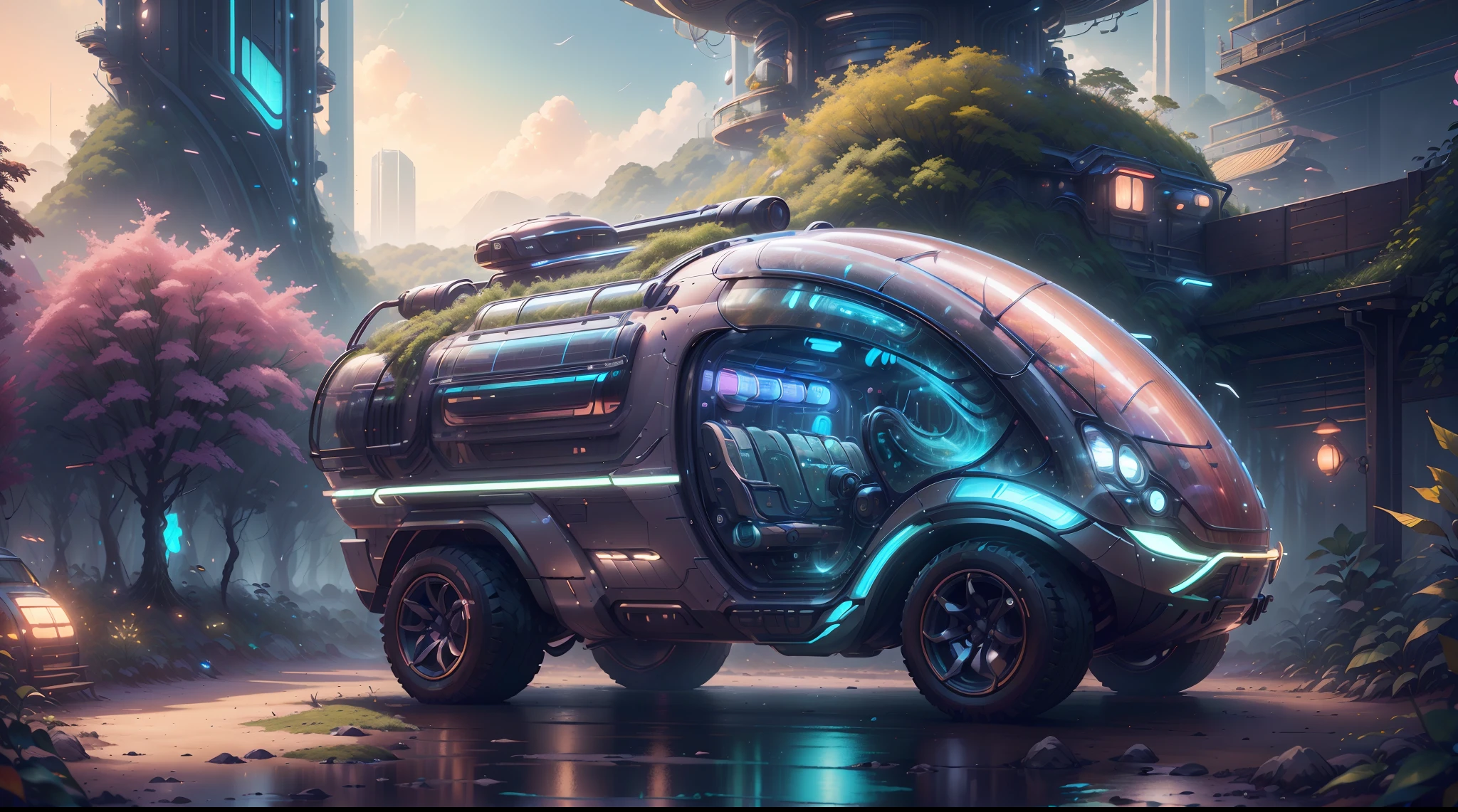 A futuristic(SolarpunkAI:Campervan),Colorful LED lights,Smooth curves,(streamlined line design)。cozily, camping, Reflection,vivd colour,(Surrounded by nature),(Peach Blossom Forest)，(lush landscape)。concept-art, best qualtiy，tmasterpiece，超高分辨率，photograph realistic：1.4， ultra-detailliert，