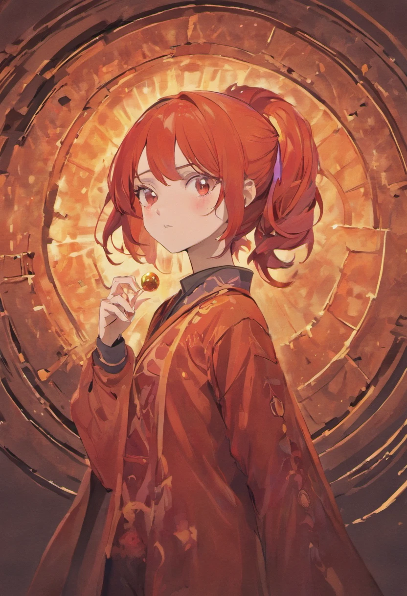 A 5' 9" tall, vermilion skinned woman with deep-set, rust-coloured eyes, an oval face and small ears. She has lank, red hair, has a scar on her forehead, has a missing tooth, and she has piercings in six places. She is holding an object she found.
