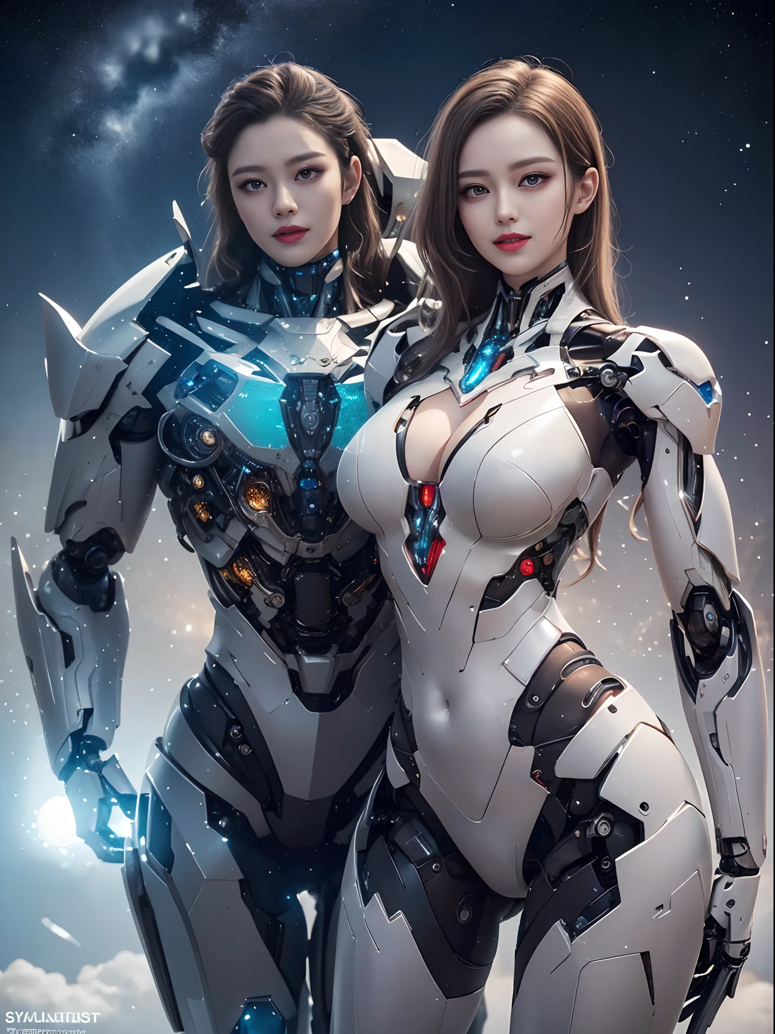 ​masterpiece、top-quality、ultra-detailliert、very detailed illustration、ighly detailed、intricate-detail、hight resolution、super complex details、Highly detailed 8K CG wallpaper、Full Body Shot、Caustics、Reflectors、Ray traching、(1人:1.4)、独奏、mecha musume、Mechanical Parts、robot joints、Complex Mecha Bodysuit、Super long hair、(Gentle smile:1.5)、beautiful countenance、A detailed face、perfectly proportions、爆乳、Beautiful waist、Navel、big butts、neat buttocks of round shape,、Crotch gap、Large Thigh、clong legs、white  hair、hairs between eyes、O cabelo multicolorido、Inner hair color、red eyes、Luminous eyes、(randome pose、dynamicposes,:1.5)、The background is outer space、stele、planet earth、a moon、