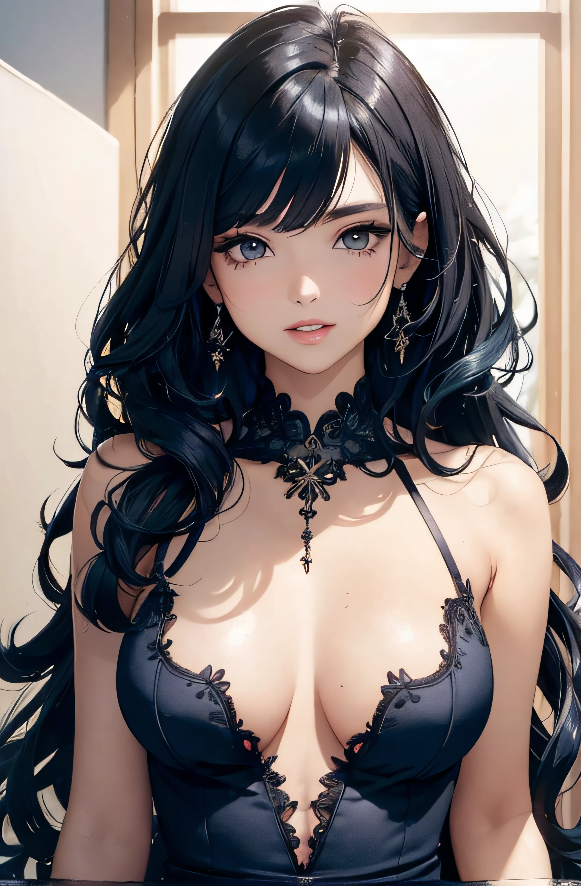 (A photo of upper body), Beautiful face, Highly detailed face and skin texture, (Detailed eyes), Brown eyes, Double eyelids, Thin eyebrows, Glitter eyeliner: 1.2, Natural cheeks, Shiny skin, Fair skin, (((with dress))), (Shiny lips: 1. 4), (Seductive smile), (20 years old), (Wavy hair, Diagonal bangs), ((black and blue hair)), long mid hair, ((Upper body shot)), ((Focus on chest and face)), Medium large breasts, Upturned breasts.