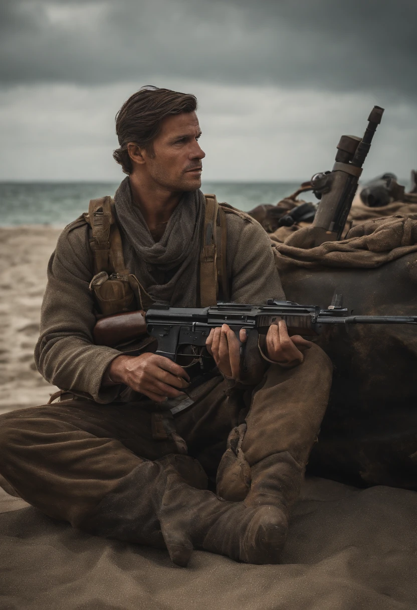 Faction soldier with weaponry and makeshift clothes resting next to a stranded ship on a deserted beach