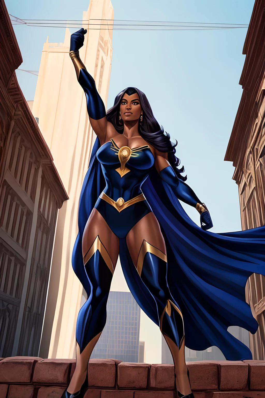 Inspired by John Buscema's line,1mulher de longos cabelos negros jogados ao vento, olhos selvagens, middlebreasts, cintura delgada, Wearing a superheroine uniform with a spider symbol on her chest, Standing on top of a building watching the city, Imposing Heroine, cena detalhada, corpo inteiro.