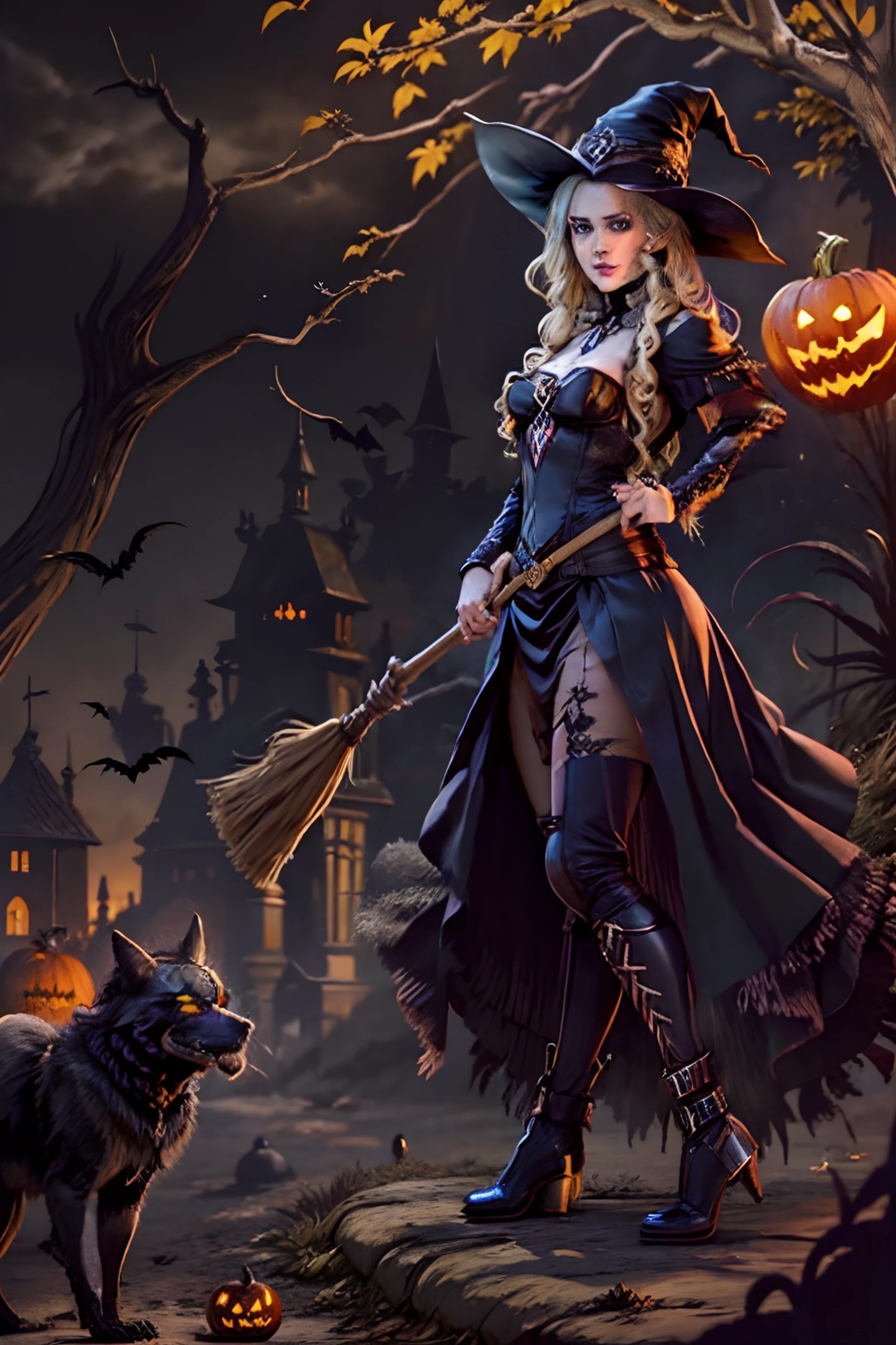 Witch with pumpkin and broom, in a halloween style, Halloween, halloween theme, beautiful female witch, mechanized witch girl, supervillain sorceress witch, evil sorceress witch, A witch, fashionable dark witch, witch, scarry but bewitching, castlevania witch, sorceress woman, Trick or Treat, dark witch character, beautiful witch spooky female