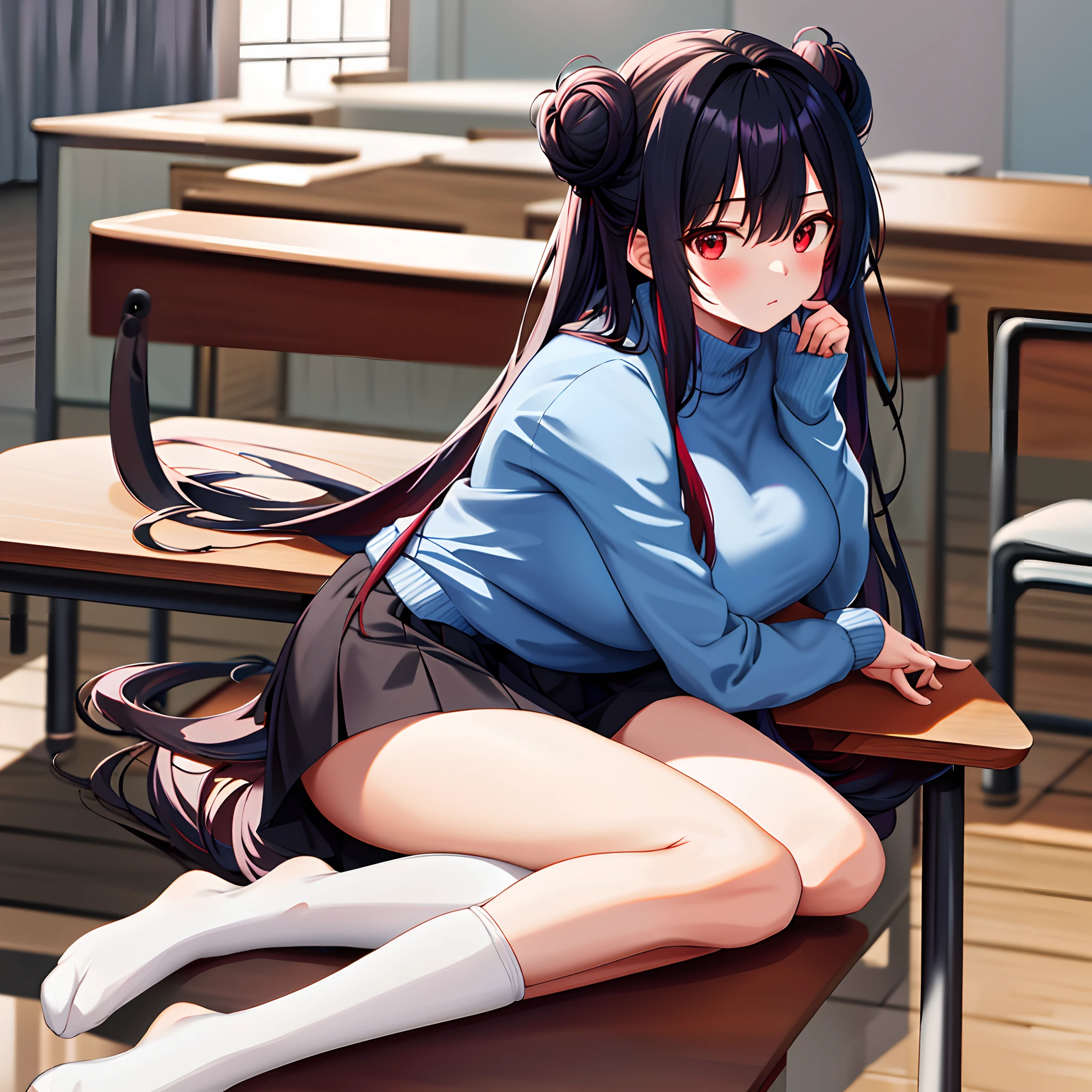 masterpiece, best quality, highres, best quality, highres,, 1girl, long hair, blue sweater, black hair, red fade, long bangs, 2 buns, red eyes, large breasts, skirt, very long hair, breasts, white socks, in class, sitting on table, no shoes, blush,