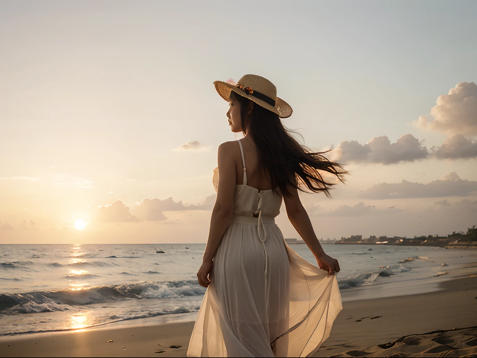 hiquality、Realistic images、sand beach、Sunset over the sea、red sun、Big Sun、Silhouette of a lonely Japan woman holding a straw hat in her hand、White long dress、Hair and skirt fluttering in the wind from the side、Pretty dim、back lighting