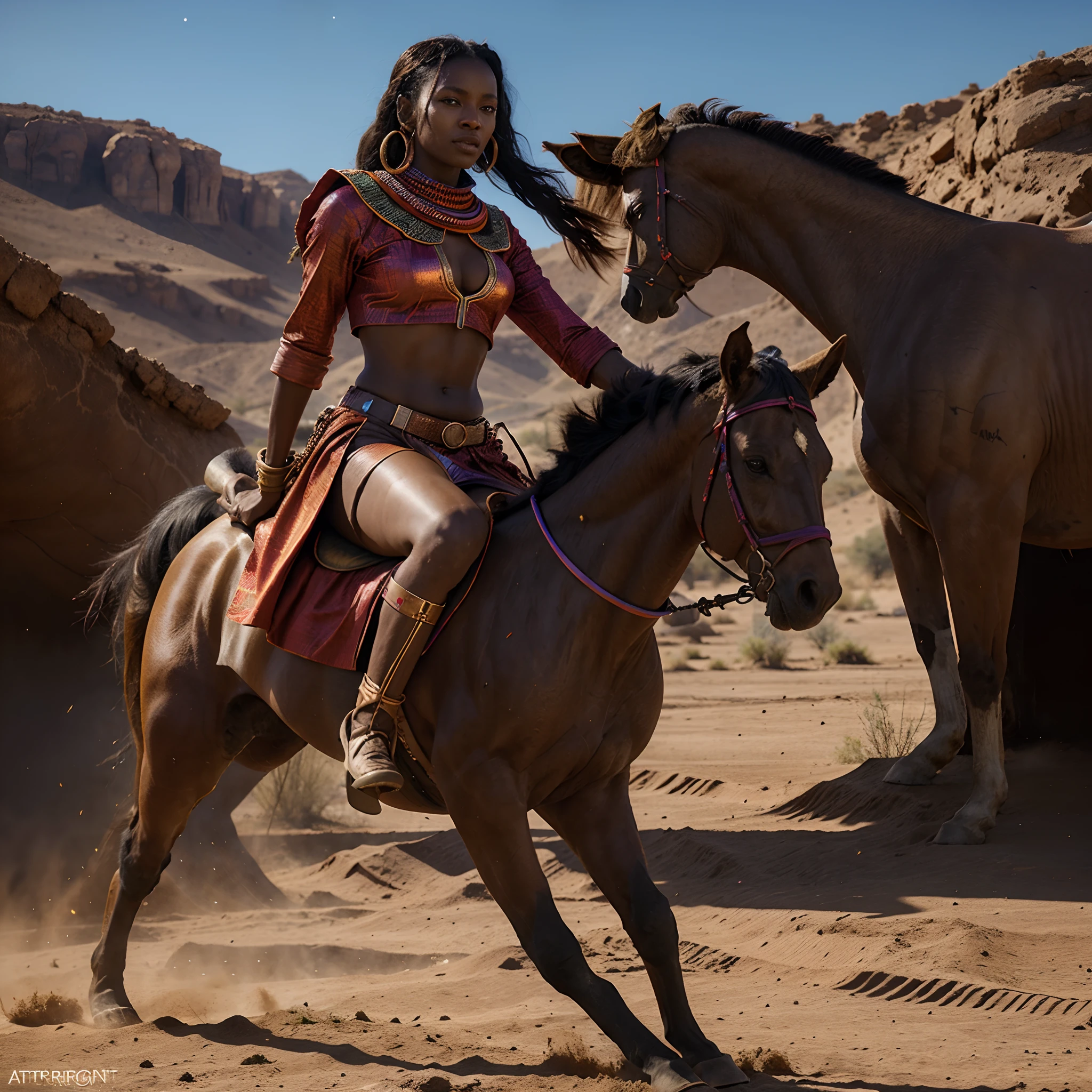 African masai woman riding a running horse in a desert, cinematic lighting, artgerm style, bright and vibrant colours, with iridescent light, highly-realistic image, 32k, ultra HD, unreal engine rendered