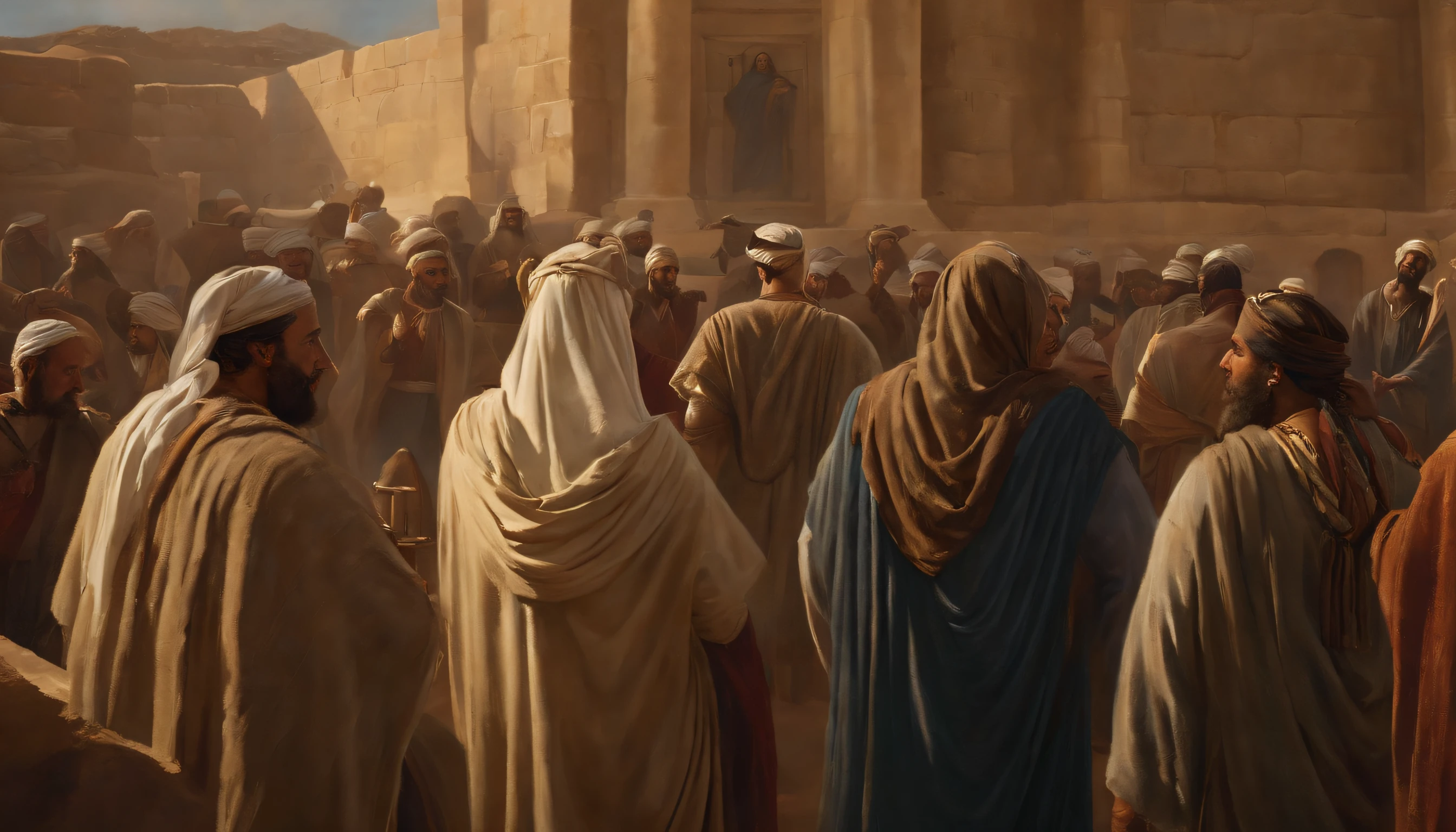 Jeremiah calls the Israelites to repentance, The Cry of the Prophet,Gatherings with large numbers of people, papyrus,Weathered parchment,Old gowns,,History reference,High-quality artwork and details,Realistic portrait style,Subtle color palette,vibrant background,natural textures,Deep Shadows,Subtle highlights,Historical accuracy,meticulous attention to detail,Emotional depth and intensity,Authentic Representation,Thought-provoking,Spiritual atmosphere,A Sense of Ancient Wisdom,Profound impact