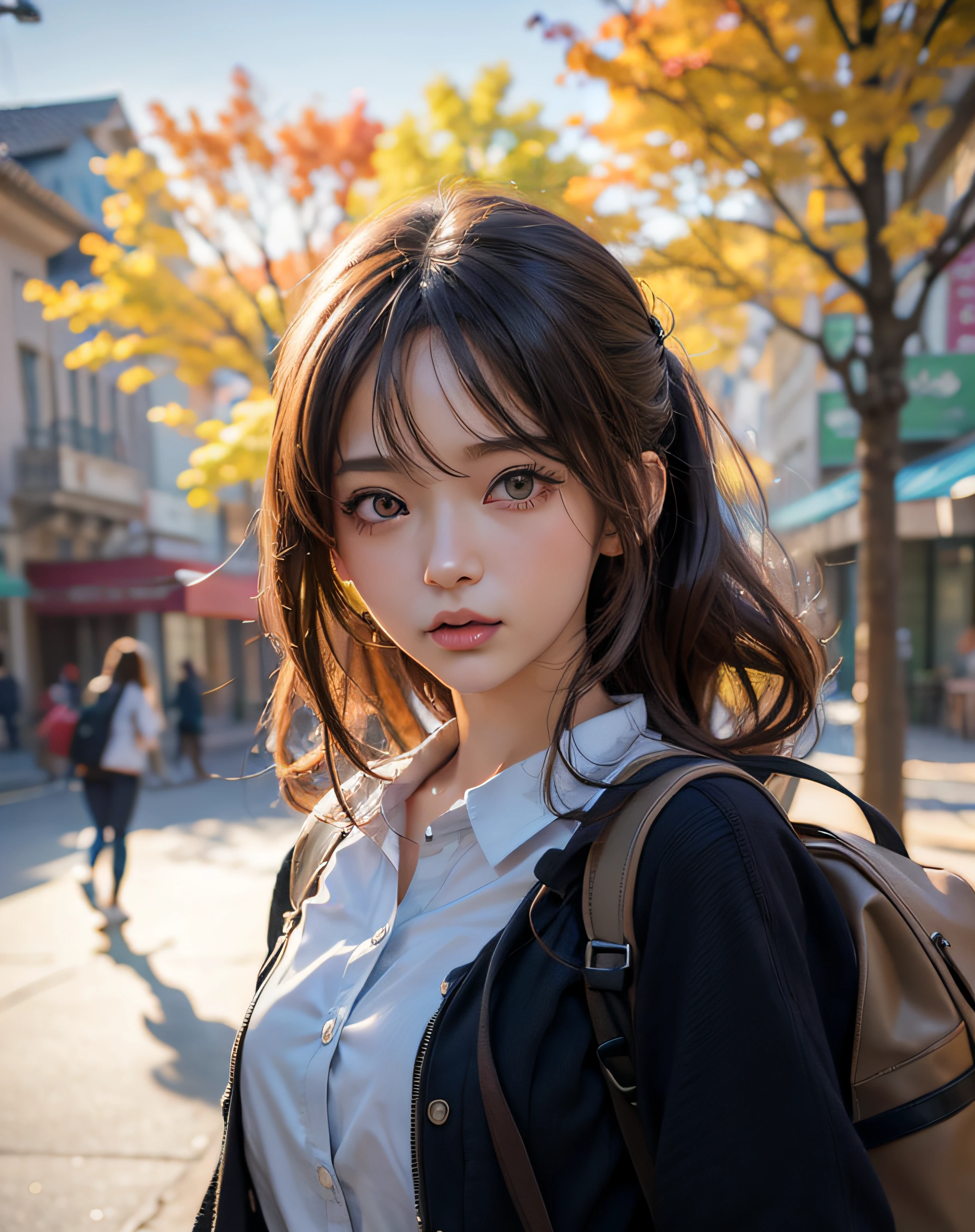 anime woman with long hair and backpack on a city street, realistic anime 3 d style, 3 d anime realistic, photorealistic anime girl render, hyperrealistic schoolgirl, smooth anime cg art, photorealistic anime, soft portrait shot 8 k, realistic anime artstyle, anime style, anime realism style,