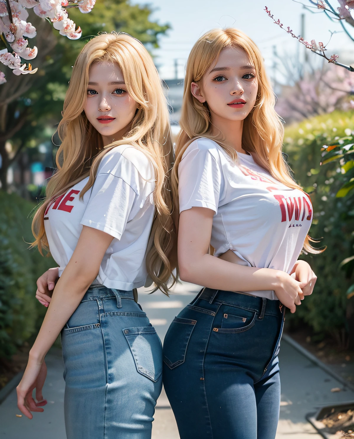 2girl, (Twins), Blue eyes, (smiling), (Sana Minatozaki), wide hips, Big Boobs, big ass, (Best Quality, 8k, Masterpiece: 1.3), perfect hands, Clear Focus: 1.2, Perfect Body Beauty: 1.4 , Slender Abs: 1.2, Highly detailed face and skin texture, detailed eyes, double eyelids, red lips, (blonde long hair), white t-shirt, jeans, standing, (with his twin sister :1.4), look back, in a Tokyo neighborhood, sakura trees in the background, deep on field