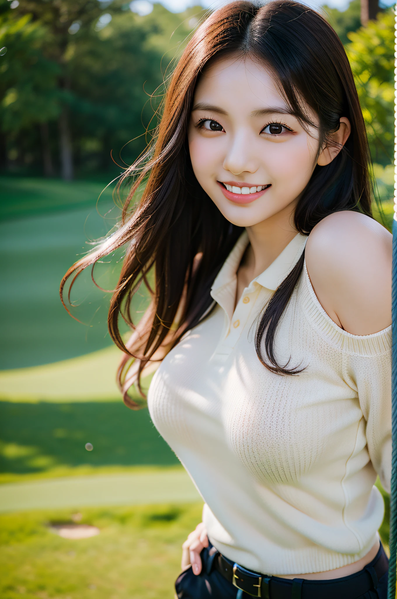 Solo shooting of Eri Kamei of Morning Musume, all around 20 years old, Dressed as a golfer. She exudes cuteness and grace, Get ready to swing on a lush golf course. The image shows realistic realism, Ulutra HD, crisp detail, Vivid colors, and dynamic range. The soft bokeh of the background emphasizes her presence, With fine texture on her golf wear. When she smiles、Her white teeth shine, zora々Capturing the essence of beauty. photography hyperrealism, Highly detailed, high-definition16k, Canon EOS 5D Mark IV DSLR Camera, EF 85mm f/1.8 STM lens, Resolution 30.4 megapixels, ISO sensit: 100, Shutter Speed 1/125 sec, Dynamic front light that captures her calm posture, Vibrant colors, Facing Camera, High Sharpness, depth of fields, ultra-detailed photography --ar 16:9 - V5.1 --Style raw --Q 2 --S 750.