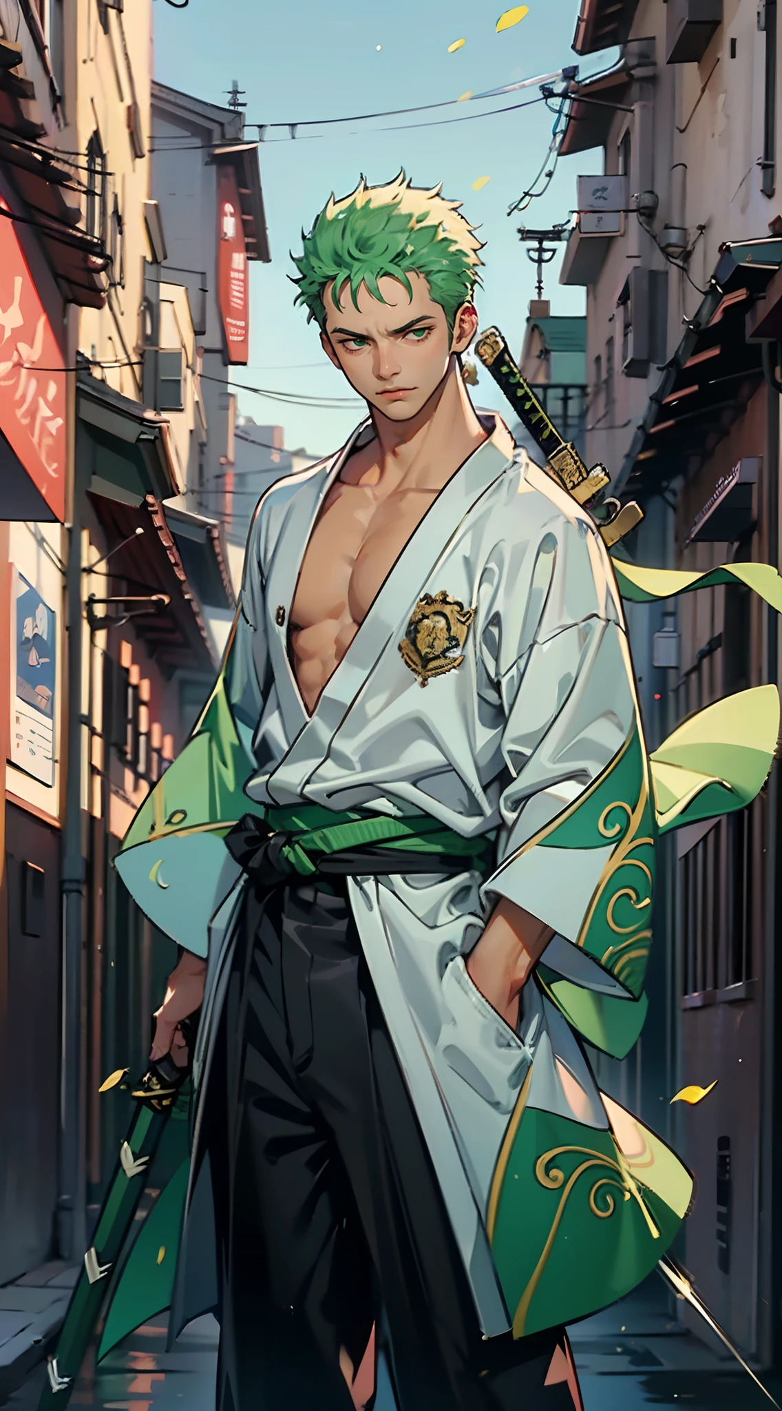 (Qualidade 4k),Roronoa (Qualidade 4k),Roronoa Zoro, 1 menino, quimono,  ((Three swords at the waist)),