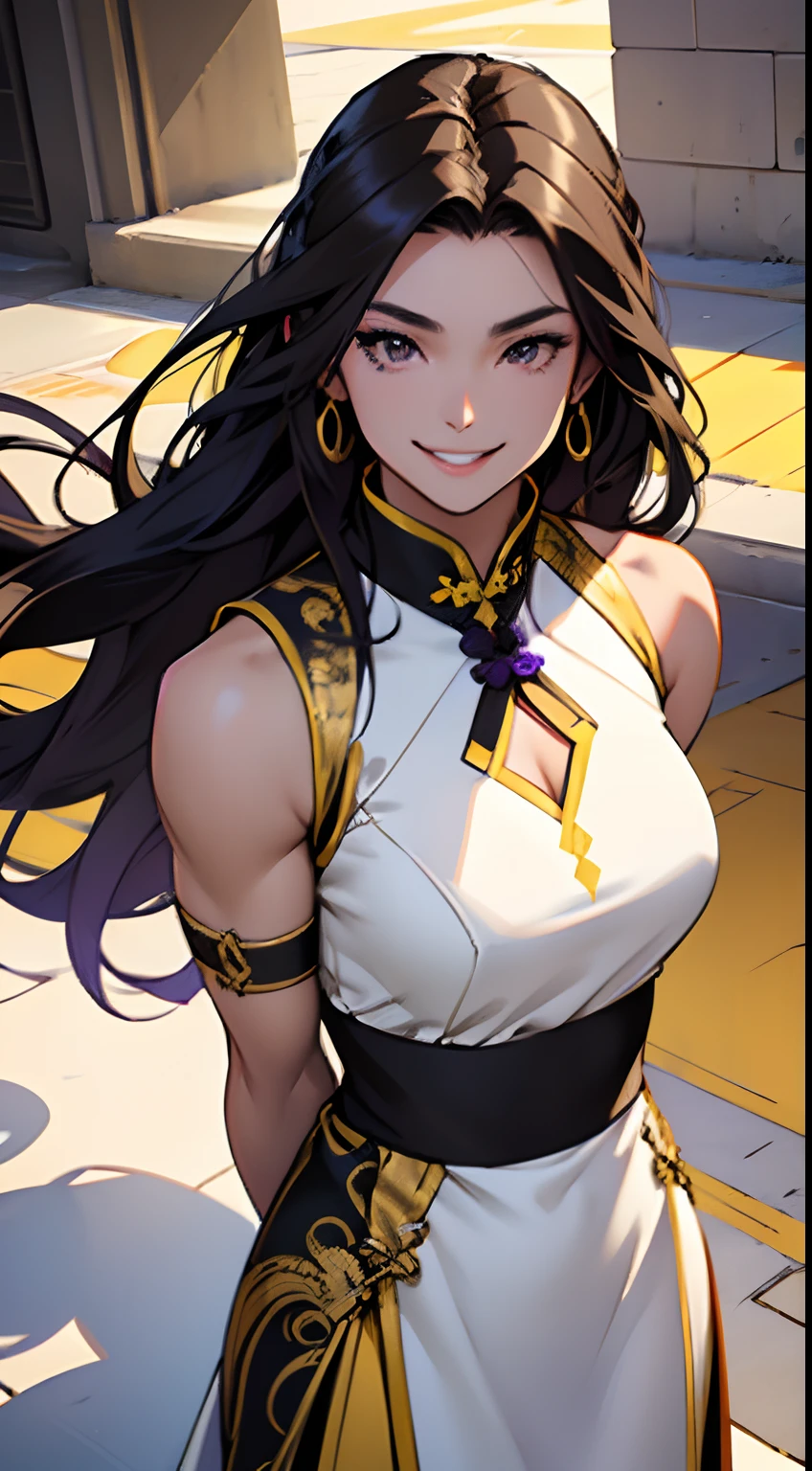 Beautiful woman , very long hair , dark brown hair , black eyes , athletic body , abs , yellow under hair , age 26, sexy, smile,
Wearing a white dress, purple and gold trim , black straps, sleeveless , long white arm bands , modern Qipao, Sexy , light purple accessories ,