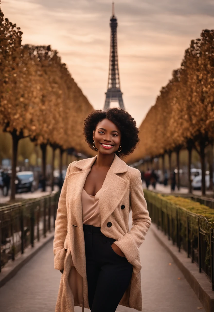 Imagine a 25-year-old woman of African descent in Paris, en France, debout devant la Tour Eiffel, wearing an elegant Parisian outfit. She captures the magic of the City of Light with a radiant smile