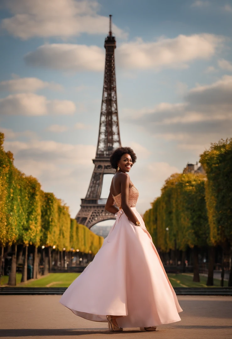 Imagine a 25-year-old woman of African descent in Paris, en France, debout devant la Tour Eiffel, wearing an elegant Parisian outfit. She captures the magic of the City of Light with a radiant smile